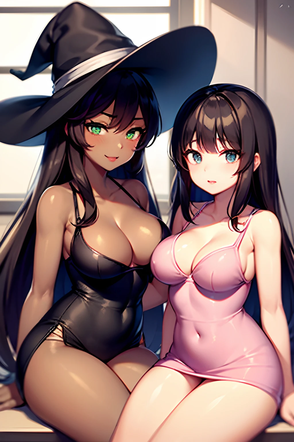Brown skintone girl, dark skin, medium large ass, large thighs, small waist, medium large boobs, pretty eyes, big eyes, light brown eyes, big lips, pretty lips, pretty face, small, petite, 16 year old, age, young, curvy lolirvy teenagerxy, seductive, black hair, green eyes, blue eyes, pretty pink lips, pretty long eyelashes. Big pink lips, big red lips, are perked up covered behind clothing.
Brown skin tone, black skin tone, darker skin tone,
Brown girl is flustered, embarrassed, very visible cleavage, sitting down
Is wearing, slutty witch outfit with hat, low cut, v neck, Brown skin tone, dark skin tone, pretty smooth skin, soft body.
Background is, office, work place,