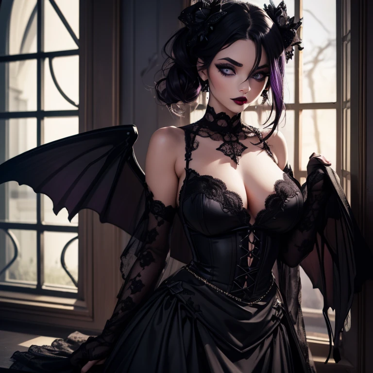 one girl, Dark Butterfly Wings , Black Dress, Gothic Style, Loita Dress, Black Boots, Black Stockings, Dark and Purple Hair , Eyes Shadows ++ , Darker Lips + , Gothic make-up, (Best quality:1.1), (Masterpiece:1.4), 1fille, (cheveux volumineux)+ , cheveux longs , (Yeux Bleux) , gros seins , (Large, dark lips)+ , peau brillante, brillant, starry night, dans une chambre, Bas dentelle,