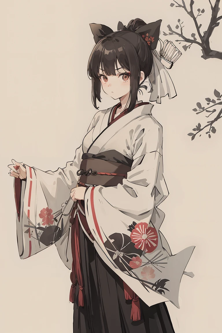 sparrow, a black haired girl, wearing a samurai armor, black hakama, short hair, hair ribbon, slim body, teen, white kimono, floral printed kimono, serious face, a japanese samurai. she is standing in the shrine