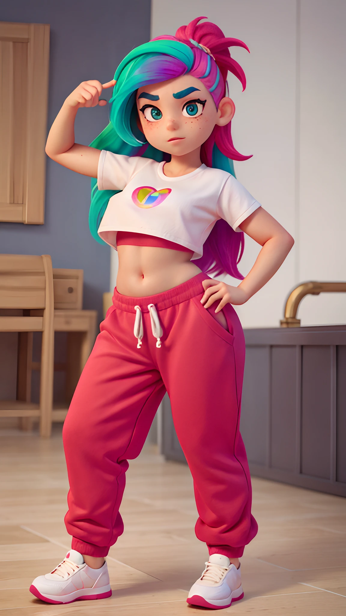 Woman in crop top and sweatpants, rainbow hair, cute thick eyebrows,  brown eyes, freckles, cute expression