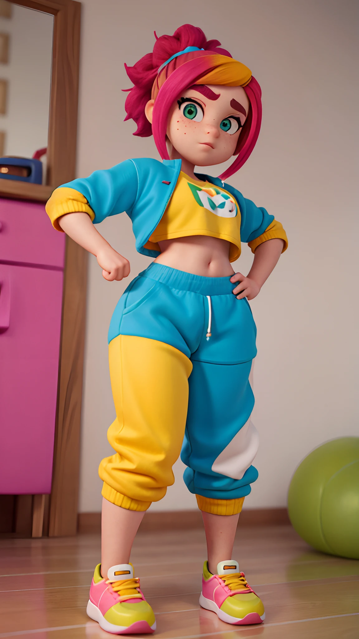 Woman in crop top and sweatpants, rainbow hair, cute thick eyebrows, brown eyes, freckles, cute expression