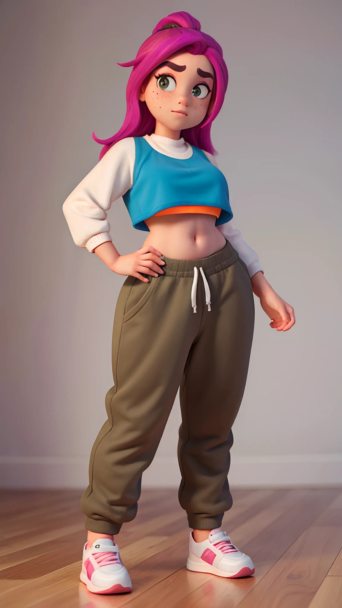 Woman in crop top and sweatpants, rainbow hair, cute thick eyebrows, brown eyes, freckles, cute expression