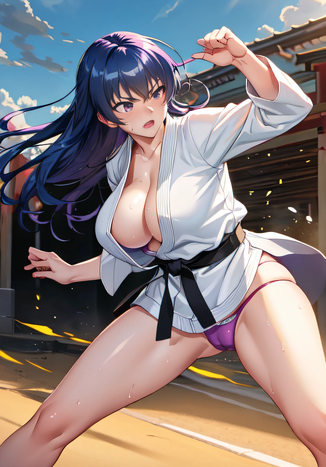 asagi,mature female,large breasts,messy hair style,wavy long hair,blue hair, hair between eyes, purple eyes,cleavage,(short karate gi,:1.2),(no bra,underboob:1.1),(no pants,micro panties:1.2),(sweat gleaming skin:1.1), outdoors,sunlight, spotlight effect,bright sky, blue sky with clouds,strong wind, (old castle),(highres, high quality:1.1), intricate details, cinematic lighting, 1girl,(red blush,angry),dynamic fighting pose,(fighting stance, kung fu, kung hu pose, kung fu action, dynamic angle, battle, The girl is attacking at great speed, high speed action, the girl is moving at great speed, afterimage:1.2),dynamic angle,from below,cameltoe,show off panties