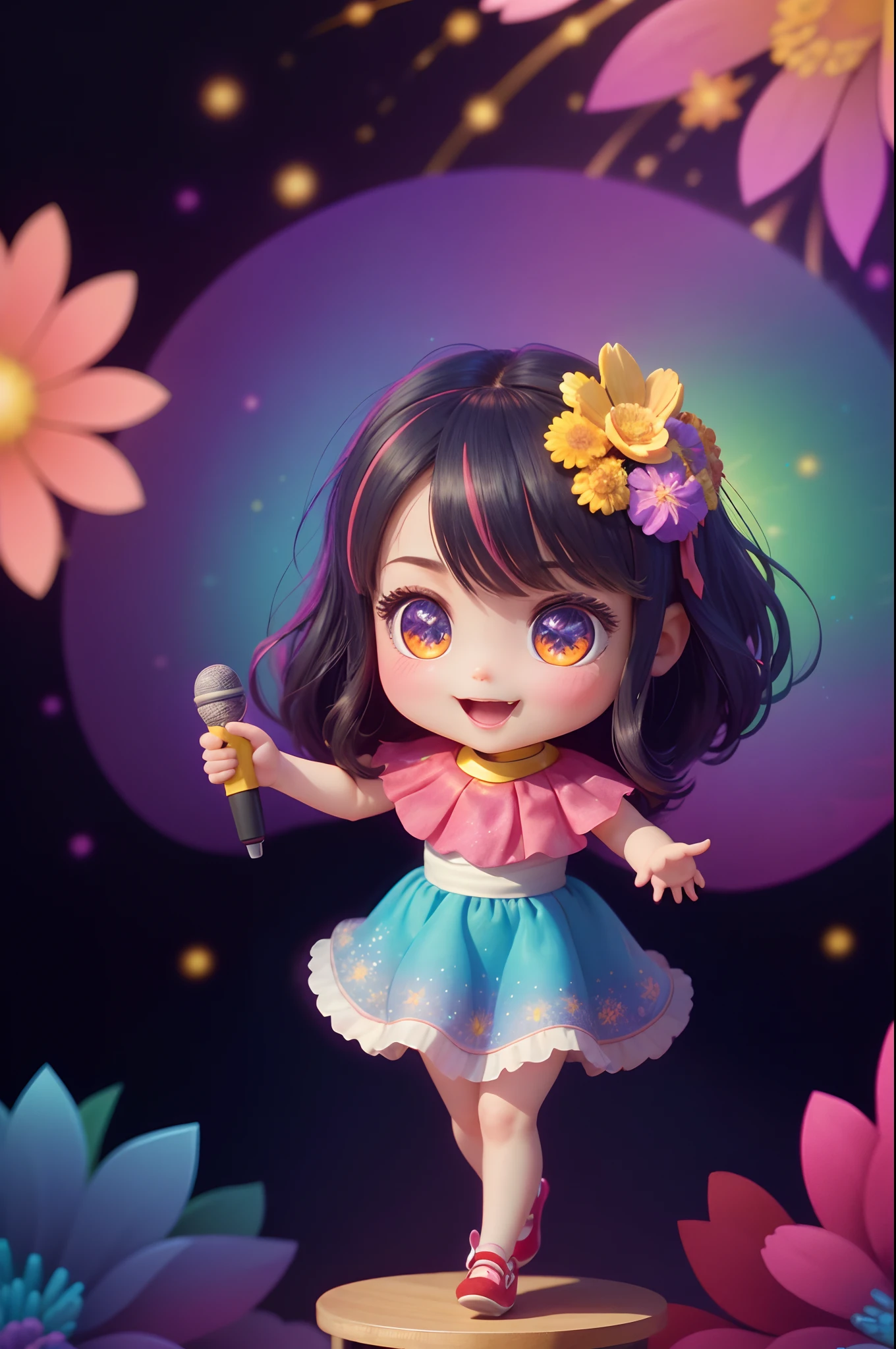 Extremely detailed,(Fractal Art:1.1),(Colorful:1.1)(Flowers:1.3)、 (Dynamic Pose), (Abstract background:1.3)、(Many colors:1.4)、Place one small doll on a circular stand、kawaii pose、A smile、A dark-haired、Chibi Doll、Stars in the eyes(kirakira)、Singing with microphone in hand、Eye Up、Laugh、Cute red shoes、Ultra Detail, radiant light、bio luminescent、Stronger bokeh effect