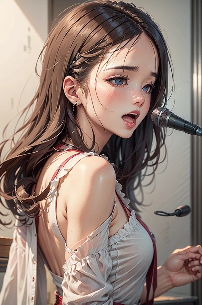 masterpiece、Soft Focus , Bright gradient watercolor、Tabletop, High resolution, 8k, Anime Women, Delicate and detailed writing 、Detailed digital illustration、High resolution, high quality、Detailed Background、Close-up photo、Shiny Hair、Light black hair、bangs、Very beautiful woman、Idol、Double Eyes、(Large Breasts:1.3)、Detailed female face、(Hand holding microphone:1.3)、Sing into the microphone、(All nude:1.5)、Open the vagina:1.5