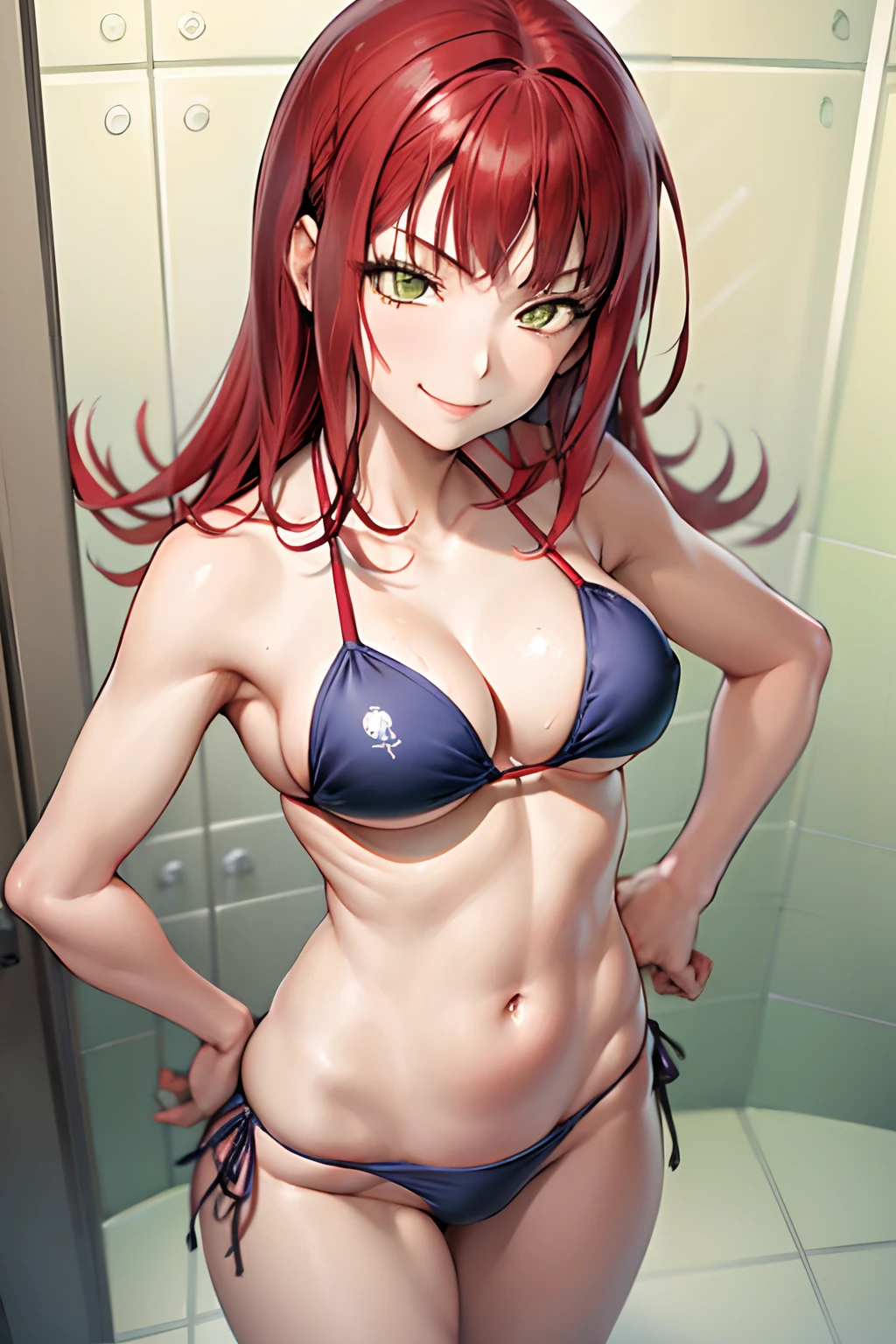 masutepiece, Best Quality, absurderes, Perfect Anatomy, 1girl in, Solo, Yoko Katori, Long hair、((The bikini)), ((Shower room))、((a smile))