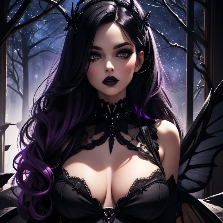 one girl, Dark Butterfly Wings , Black Dress, Gothic Style, Loita Dress, Black Boots, Black Stockings, Dark and Purple Hair , Eyes Shadows ++ , Darker Lips + , Gothic make-up, (Best quality:1.1), (Masterpiece:1.4), 1fille, (cheveux volumineux)+ , cheveux longs , (Yeux Bleux) , gros seins , (Large, dark lips)+ , peau brillante, brillant, starry night, dans une chambre, Bas dentelle, Dark Forest , Stary Sky , Full Moon