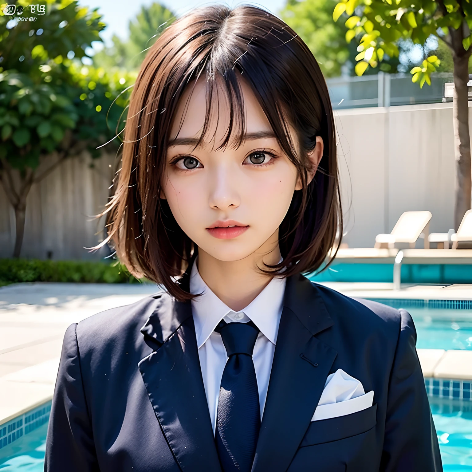 (masutepiece, Best Quality:1.2), 8K, Official art, Full body photo, full body Esbian、Fasten your tie、in poolside、turned around、Suits、Embarrassing black hair、years、small tits、Happy、unbelievable Ridiculous, (Upper body, Dark blue suit:1.4), Beautiful Girl, Pretty Face, arching back down, cute panty、Gold hair ornament on hair、Wearing a cute suit、close up, Wearing a suit, Short sleeve, gardenia, violaceaess, Teen, in poolside, Looking at Viewer, Film grain, chromatic abberation, Sharp Focus, face lights, Dynamic lighting, Cinematic lighting, Eyes and faces with detailed, Bokeh background, (Tie with Emma written on it、1 copy:1.2)