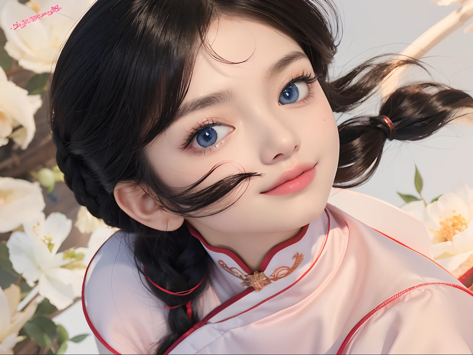 (Ultra Realistic), (Illustration), (Increased Resolution), (8K), (Extremely Detailed), (Best Illustration), (Beautiful and Detailed Eyes), (Best Quality), (Ultra Detailed), (Masterpiece ), ( wallpaper), (detailed face), solo, 1 girl, ((about 18 years old)), looking at top, side view face, fine details, detailed face, ((pretty big blue eyes)), kind eyes, in the light, pure face, smiling slightly, long black braided hair, straight voluminous straight hair, light rose Chinese female robe, 46 points oblique bangs