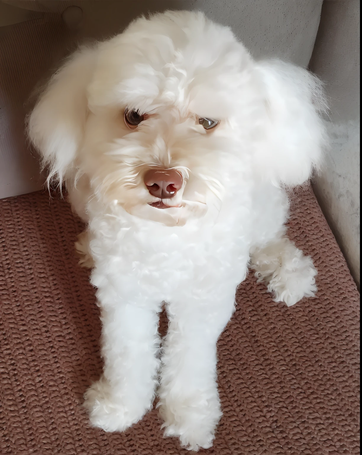 There's a white dog that's standing on a rug, small white dog at her side, branco com manchas marrons de chocolate, Tomado com Sony Alpha 9, Poofy, staring directly at camera, margarida, retrato frontal, um bonito, bonito, Looking towards the camera, staring directly at camera, looking smug, front facing the camera, muito bobo olhando