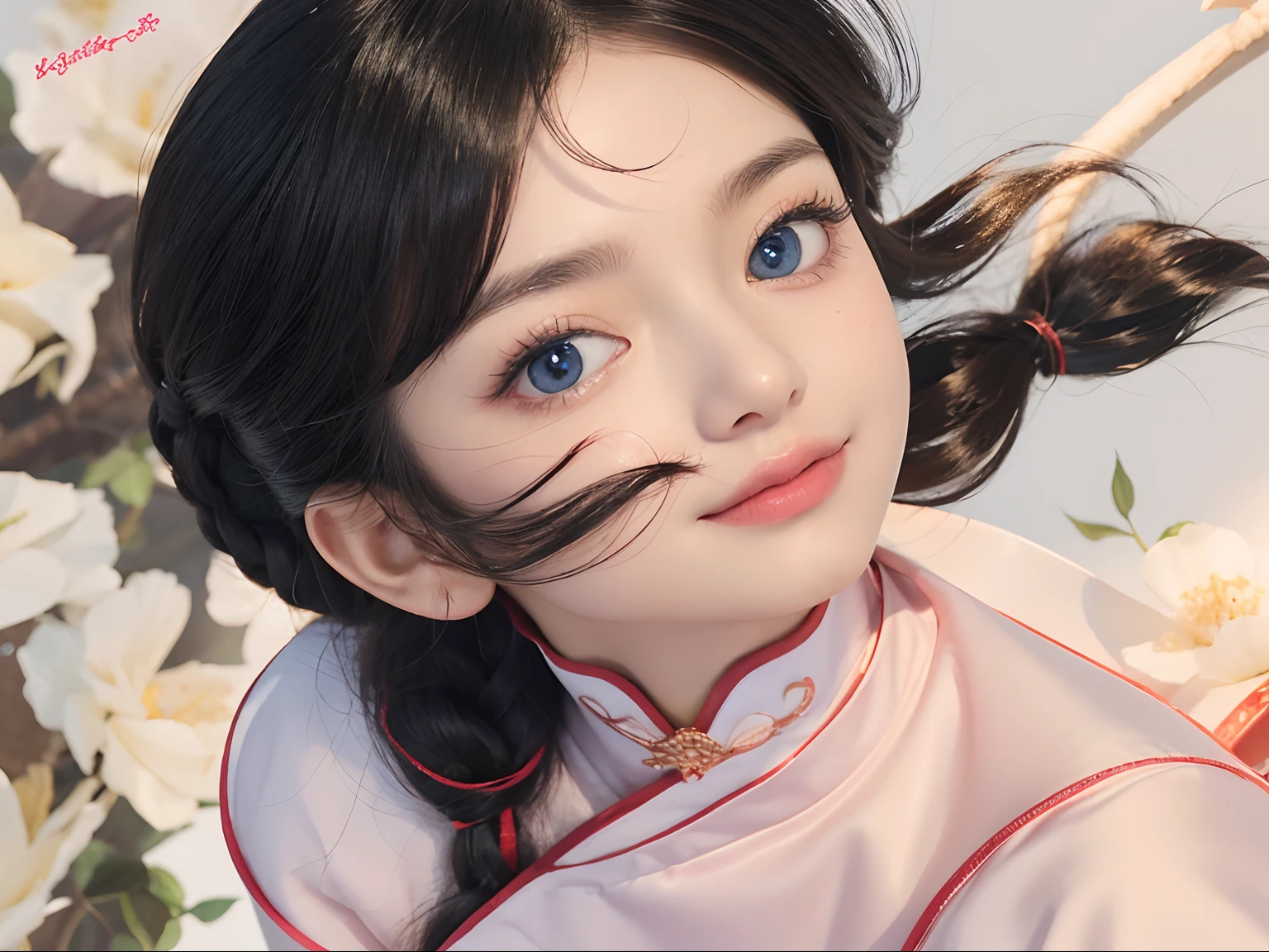 (Ultra Realistic), (Illustration), (Increased Resolution), (8K), (Extremely Detailed), (Best Illustration), (Beautiful and Detailed Eyes), (Best Quality), (Ultra Detailed), (Masterpiece ), ( wallpaper), (detailed face), solo, 1 girl, ((about 18 years old)), looking at top, side view face, fine details, detailed face, ((pretty big blue eyes)), kind eyes, in the light, pure face, smiling slightly, long black braided hair, straight voluminous straight hair, light rose Chinese female robe, 46 points oblique bangs