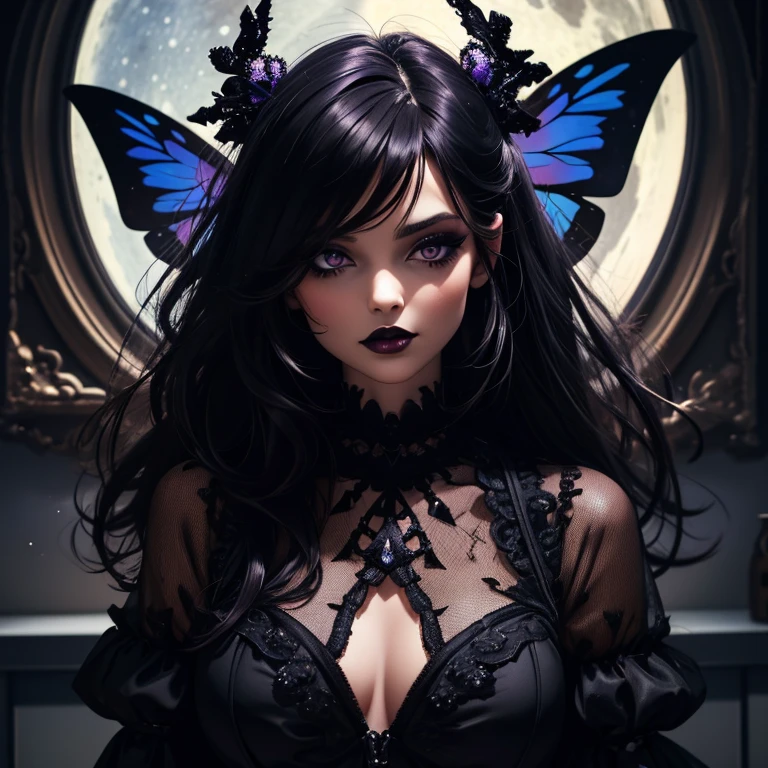 one girl, Dark Butterfly Wings , Black Dress, Gothic Style, Loita Dress, Black Boots, Black Stockings, Dark and Purple Hair , Eyes Shadows ++ , Darker Lips + , Gothic make-up, (Best quality:1.1), (Masterpiece:1.4), 1fille, (cheveux volumineux)+ , cheveux longs , (Yeux Bleux) , gros seins , (Large, dark lips)+ , peau brillante, brillant, starry night, dans une chambre, Bas dentelle, Dark Forest , Stary Sky , Full Moon