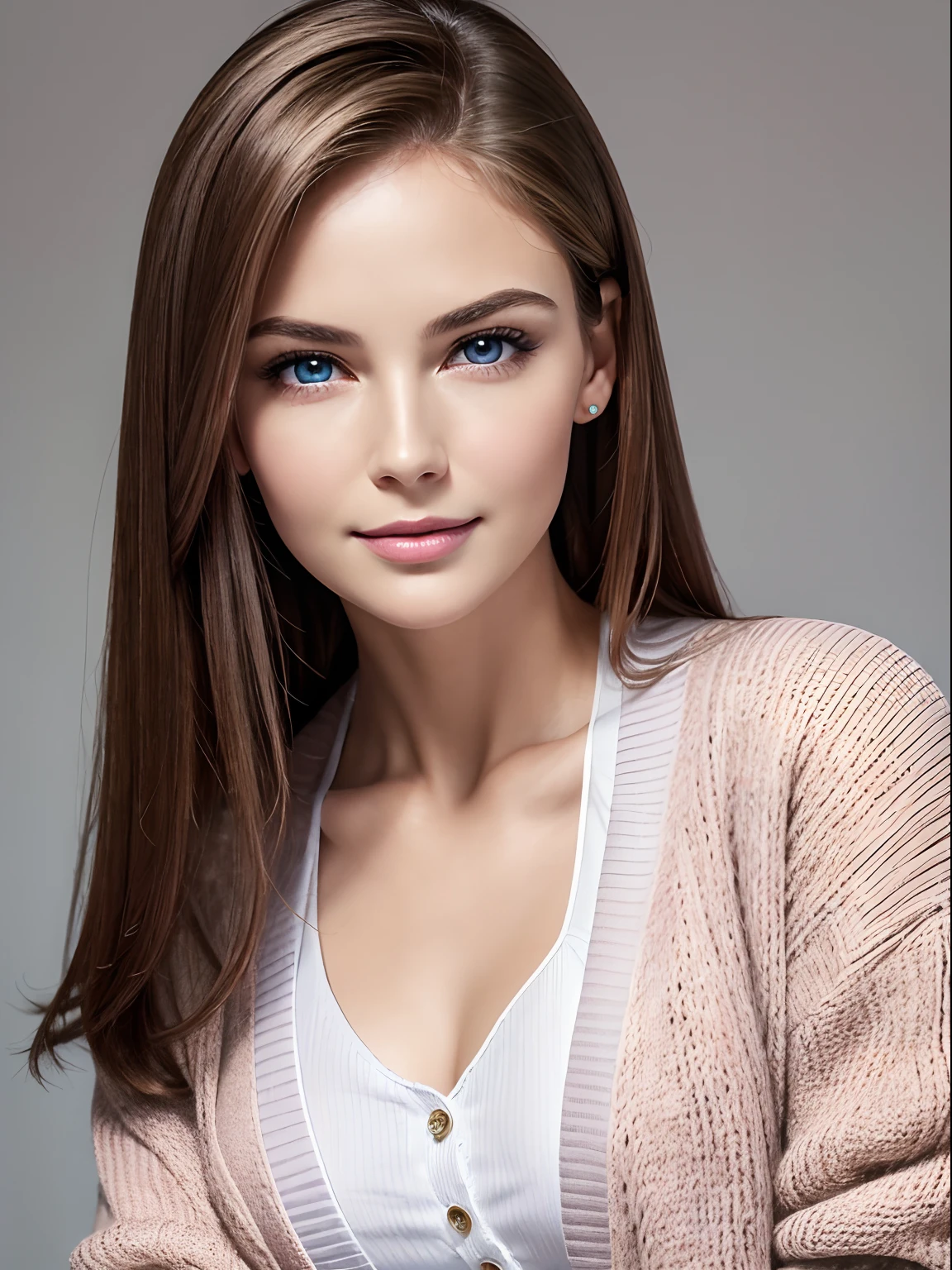 (Masterpiece), (Realistic), (Best Quality), (Beautiful +(attractive+(lovely+cute+feminine)), mature 35 years woman, oval face shape, straight+brown+hair, big+upturned+crystal+blue+eyes, rounded+thin+eyebrows, (big+round+feminine+cheeks), ((round cheekbones)) , pink+lips, rounded+chin, smiling expression, Wearing feminine cardigan, looking into camera
