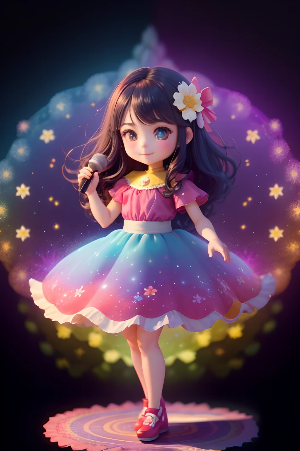 Extremely detailed,(Fractal Art:1.1),(Colorful:1.1)(Flowers:1.3)、 (Dynamic Pose), (Abstract background:1.3)、(Many colors:1.4)、Place one small doll on a circular stand、kawaii pose、A smile、A dark-haired、Chibi Doll、Stars in the eyes（kirakira）、Singing with microphone in hand、Eye Up、Laugh、Cute red shoes、Ultra Detail, radiant light、bio luminescent、Stronger bokeh effect