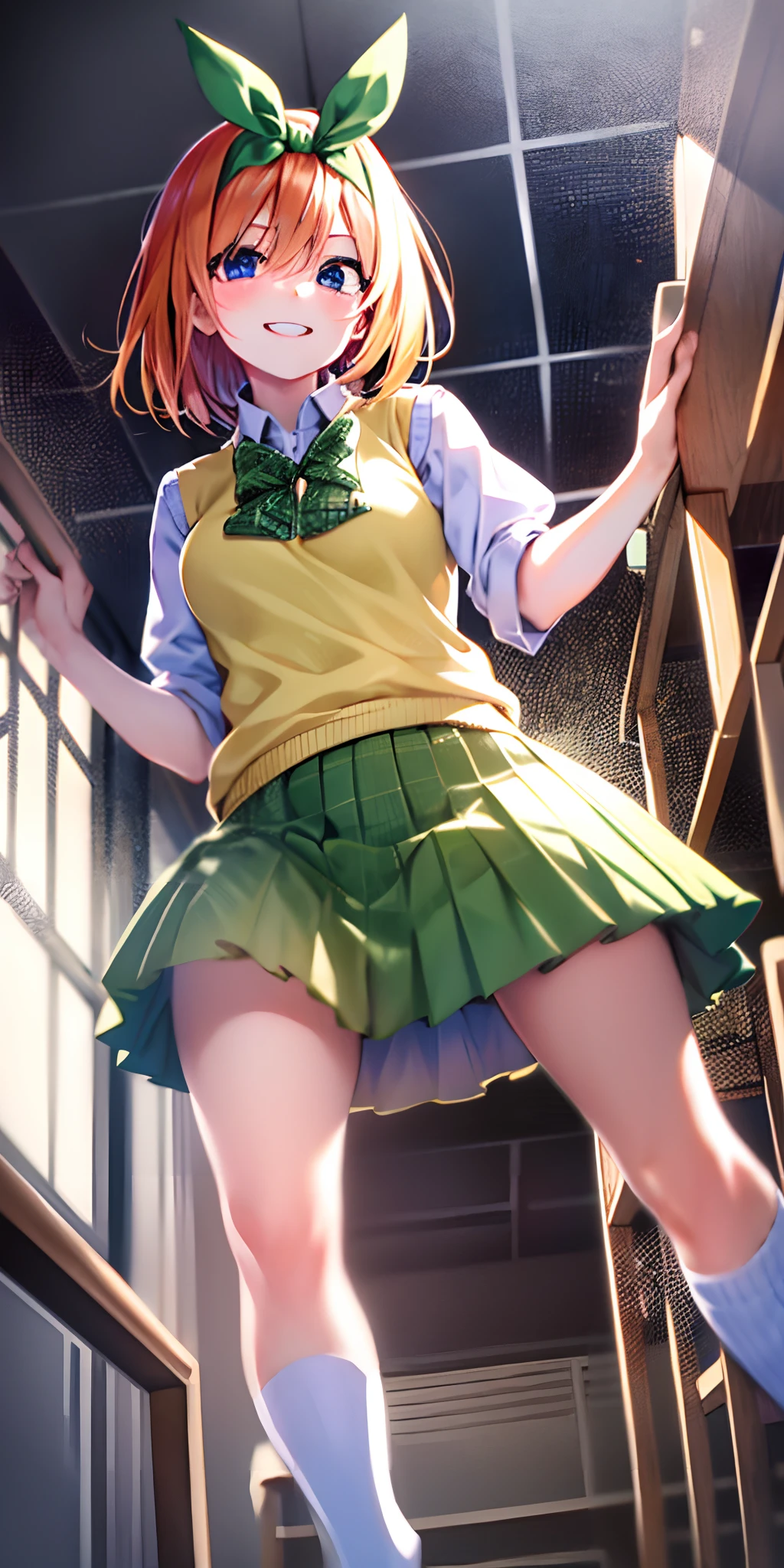 yotsubanakano, yotsuba nakano, bangs, short hair, blue eyes, hair between eyes, hair ribbon, hairband, orange hair, green ribbon,
BREAK skirt, shirt, bow, ribbon, school uniform, white shirt, short sleeves, pleated skirt, shoes, socks, collared shirt, miniskirt, bowtie, black footwear, kneehighs, green skirt, black socks, loafers, green bow, sweater vest, green ribbon, (yellow sweater vest:1.5),
BREAK looking at viewer,
BREAK indoors, classroom,
BREAK ultra-detailed, best quality, high resolution, unity 8k wallpaper, extremely detailed CG, (beautiful detailed eyes:1.6), extremely detailed face, perfect lighting, extremely detailed CG, (perfect hands, perfect anatomy),
happy smile, laugh, grin,white teeth, wide-eyed, dynamic pose, head tilt, from below, looking up at viewer,