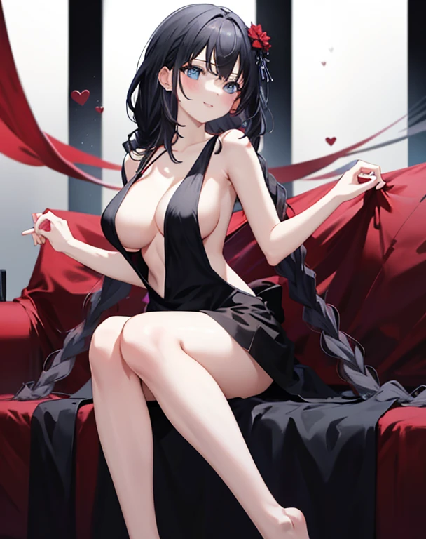 1girl,solo,simple background, huge breasts, red heart promise, black dress,sitting on sofa , blush,no_panties, barefoot,light smile, hand on own chest,
