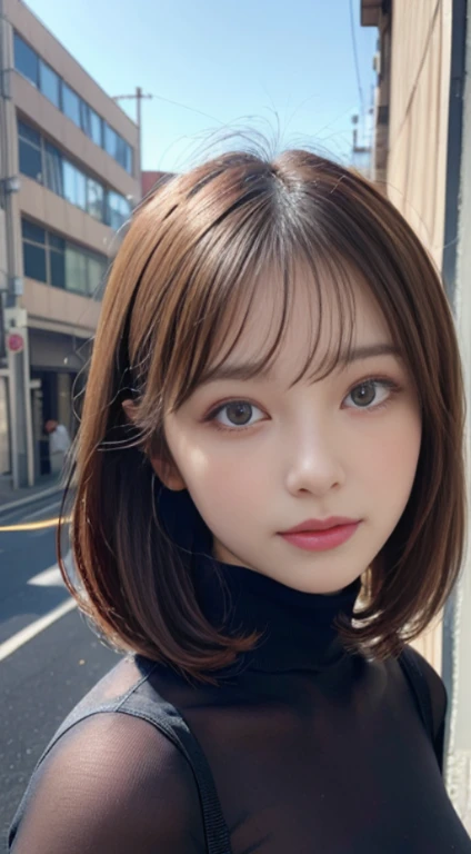 masutepiece, The highest image quality, High quality, Beautiful japanese girl, Cute, Gravure Idol Figure, Detailed, Detailed eyes, Detailed skin, Beautiful skin, Ultra High Resolution, (reality: 1.4),a very beautiful woman, Slightly younger face, Beautiful skin, slender, (A hyper-realistic), (hight resolution), (8K), (Very detailed) (beautifully detailed eyes), (super detailed), (Wallpaper), (Detailed face), Looking at Viewer, Fine details, Detailed face, sad, Sexy,Red Turtleneck,Shadows on underwear、Shadow of a bra、 Looking straight ahead, Looking straight ahead, angle from waist up, photos realistic, Bright lighting, Professional Lighting, Mature Woman, (Brown hair, Bob Hair, layers-Cut, Swaying in the wind, Bangs),