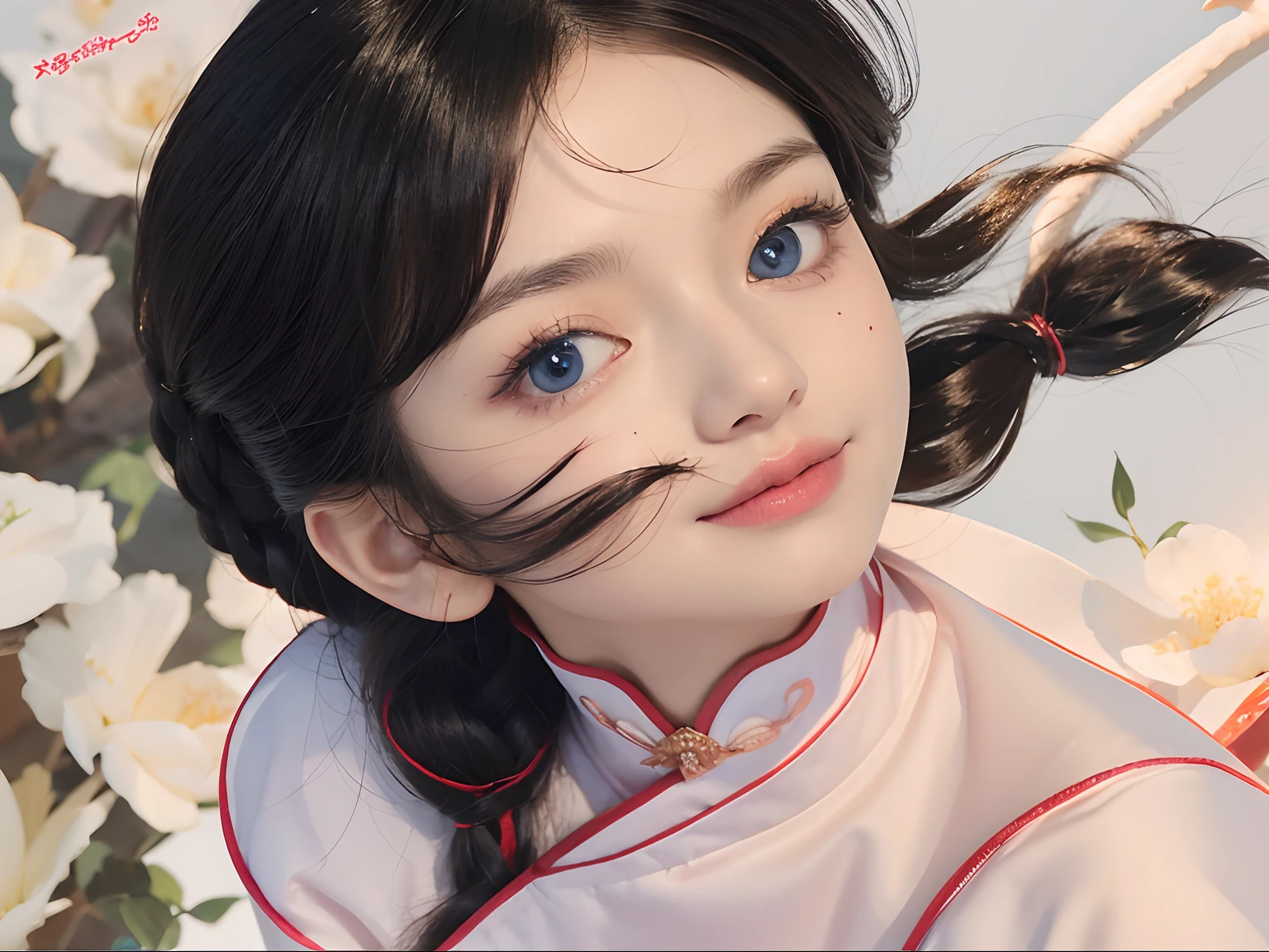 (Ultra Realistic), (Illustration), (Increased Resolution), (8K), (Extremely Detailed), (Best Illustration), (Beautiful and Detailed Eyes), (Best Quality), (Ultra Detailed), (Masterpiece ), ( wallpaper), (detailed face), solo, 1 girl, ((about 18 years old)), looking at top, side view face, fine details, detailed face, ((pretty big blue eyes)), kind eyes, in the light, pure face, smiling slightly, long black braided hair, straight voluminous straight hair, light rose Chinese female robe, 46 points oblique bangs