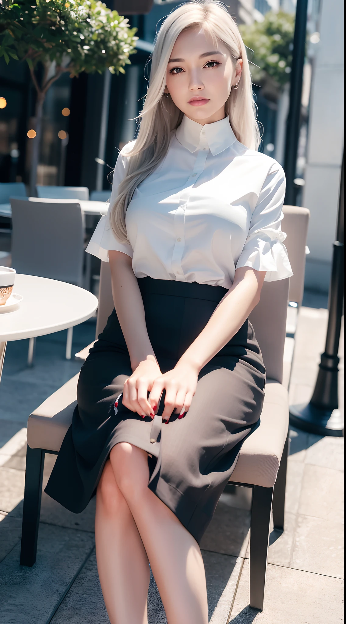 NSFW, (8k, best quality, masterpiece:1.2), (realistic, photo-realistic:1.37), ultra-detailed, 1 girl, looking at view, cute, beautiful detailed sky, detailed cafe, night, sitting, dating,(nose blush), sitting before a table, table with afternoon tea, (smile:1.15),(closed mouth) medium breasts,beautiful detailed eyes,(collared shirt:1.1), daytime, sunshine, business attire, rain,white lace, (long hair:1.4),silver hair NovaFrogStyle, uniform, white skin,cinematic light,sunshine,street light, (av actress: 4), full body image,(tea table:1),(hand bag:1), ulzzang-6500-v1.1:0.3, karinak-4501-6300:1.2