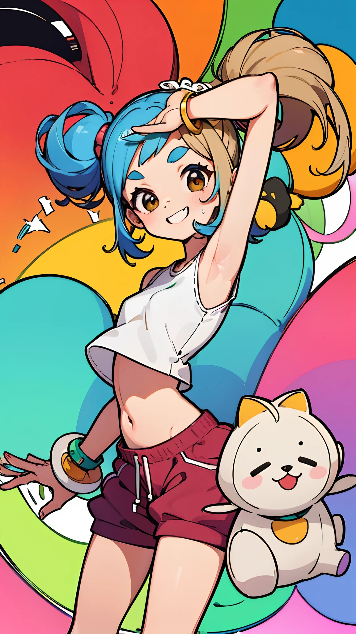 (best quality, ultra-detailed:1.2), woman in crop top and sweatpants, rainbow hair, cute thick eyebrows, detailed brown eyes, freckles, cute smiling expression, vibrant colors, soft lighting