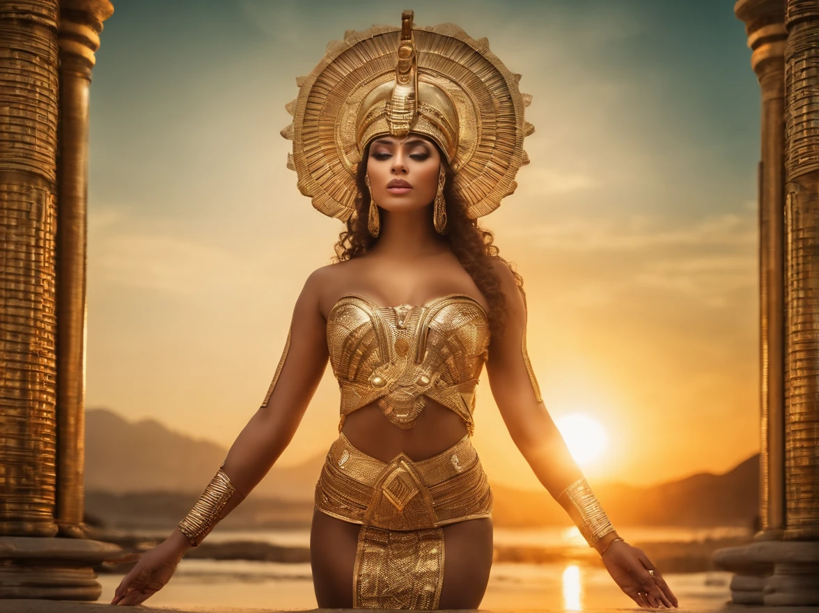 best quality, portrait of a beautiful, curvy woman, with green eyes in futuristic headdress inspired by an ancient egypt king and Cleopatra, tutankhamun, snake, gold, silver, stones, scarab beetle, transparent limestone, microchips, Integrated Circuit, cabels, electric glow, retro futurism, sunset with a warm red sun, beach, palmtrees, mecha-girl, human machine integration, long sexy skirt in gold what will show her legs