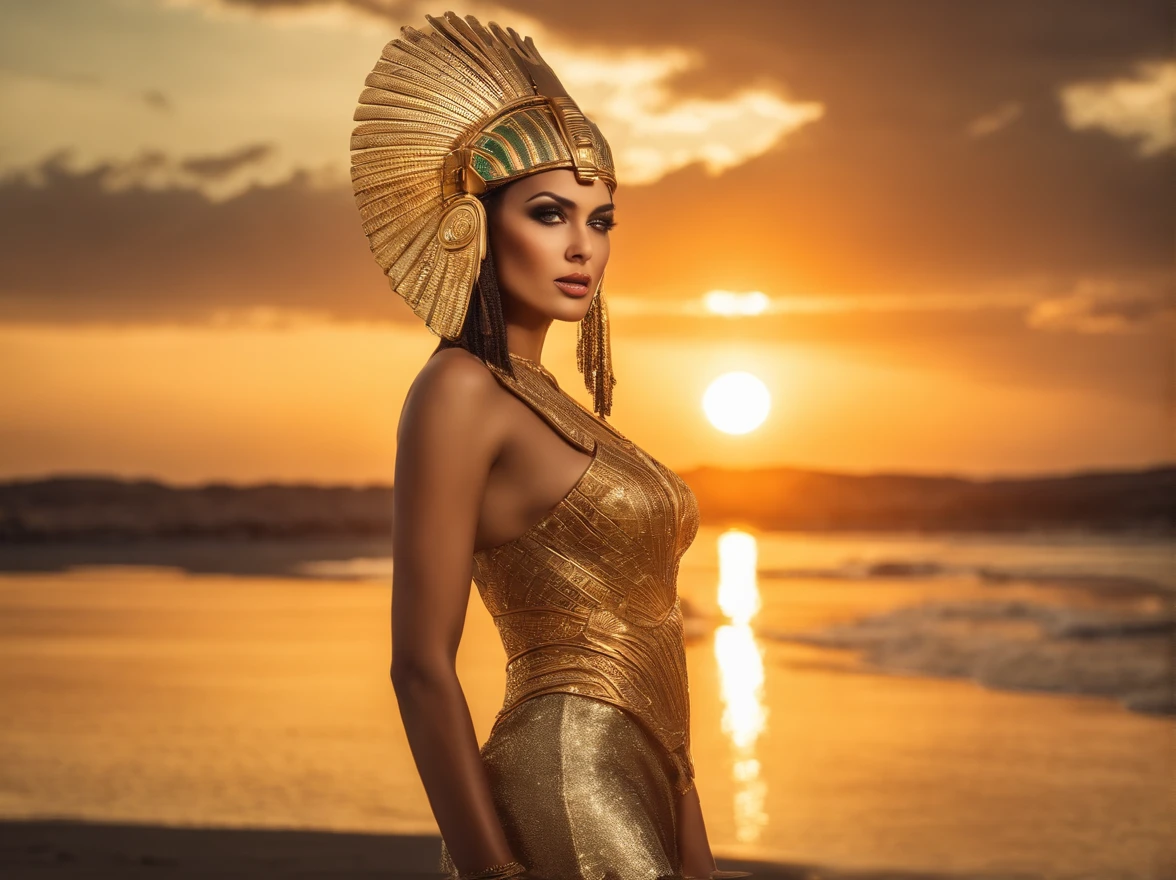best quality, portrait of a beautiful, curvy woman, with green eyes in futuristic headdress inspired by an ancient egypt king and Cleopatra, tutankhamun, snake, gold, silver, stones, scarab beetle, transparent limestone, microchips, Integrated Circuit, cabels, electric glow, retro futurism, sunset with a warm red sun, beach, palmtrees, mecha-girl, human machine integration, long sexy skirt in gold what will show her legs