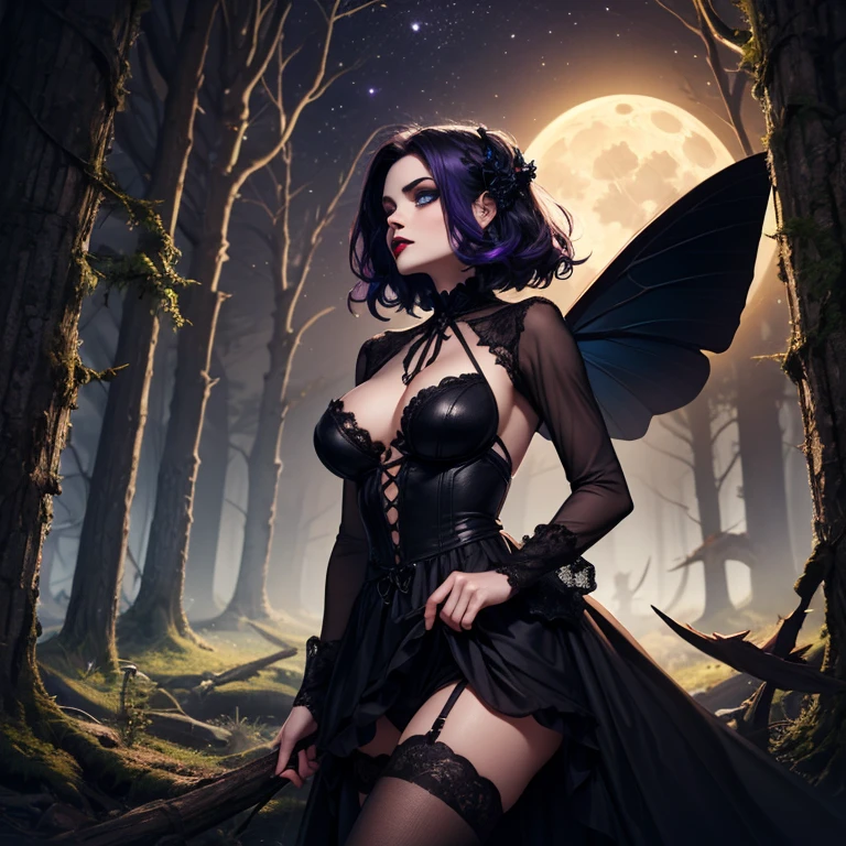 one girl, Dark Butterfly Wings , Black Dress, Gothic Style, Loita Dress, Black Boots, Black Stockings, Dark and Purple Hair , Eyes Shadows ++ , Darker Lips + , Gothic make-up, (Best quality:1.1), (Masterpiece:1.4), 1fille, (cheveux volumineux)+ , cheveux longs , (Yeux Bleux) , gros seins , (Large, dark lips)+ , peau brillante, brillant, starry night, dans une chambre, Bas dentelle, Dark Forest , Stary Sky , Full Moon