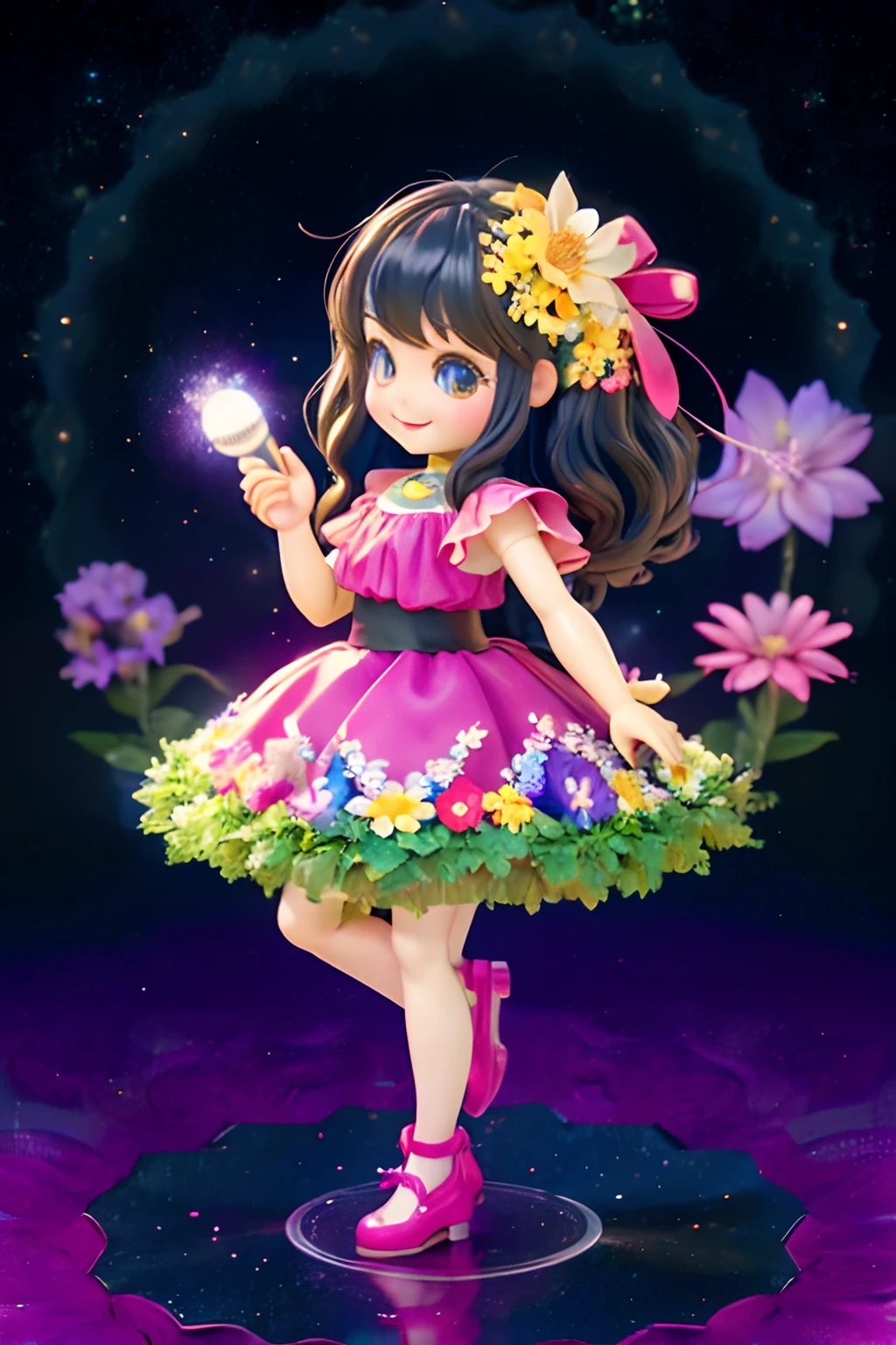 Extremely detailed,(Fractal Art:1.1),(Colorful:1.1)(Flowers:1.3)、 (Dynamic Pose), (Abstract background:1.3)、(Many colors:1.4)、Place one small doll on a circular stand、kawaii pose、A smile、A dark-haired、Chibi Doll、Stars in the eyes（kirakira）、Singing with microphone in hand、Eye Up、Laugh、Cute red shoes、Ultra Detail, radiant light、bio luminescent、Stronger bokeh effect、Taken from the side