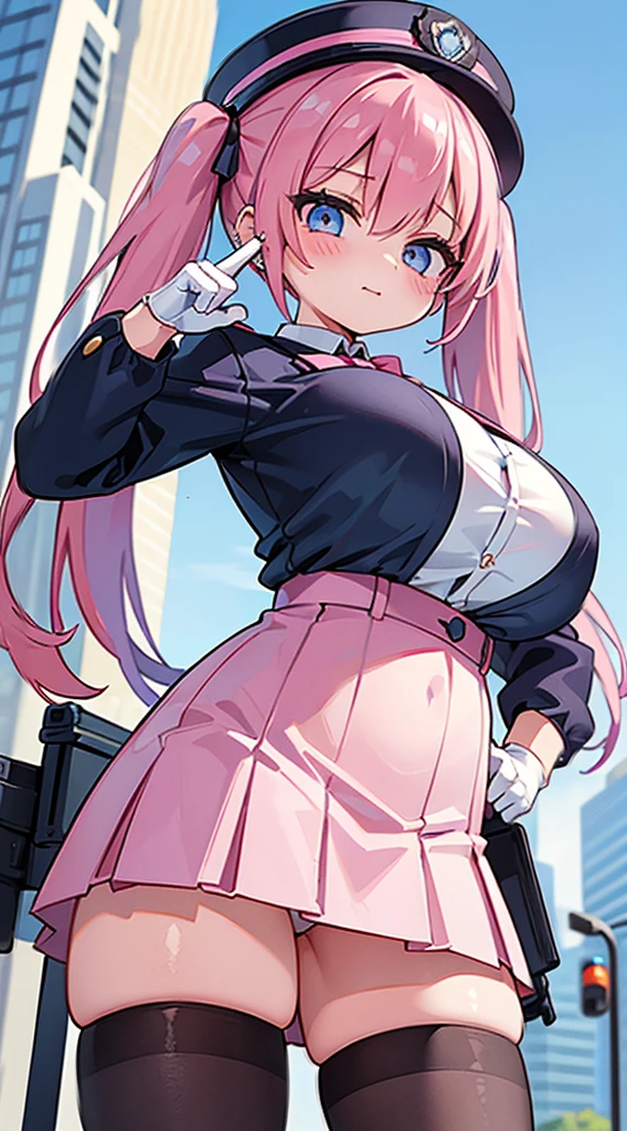 (​masterpiece、top-quality、ultra-detailliert)、((1 girl))、((Pink hair twin tails))、light blue  eyes、evilsmile、piercings、((very Bigger breasts))、policewoman、Hats、White Gloves、Pencil mini skirt、tights、cowboy  shot、City background