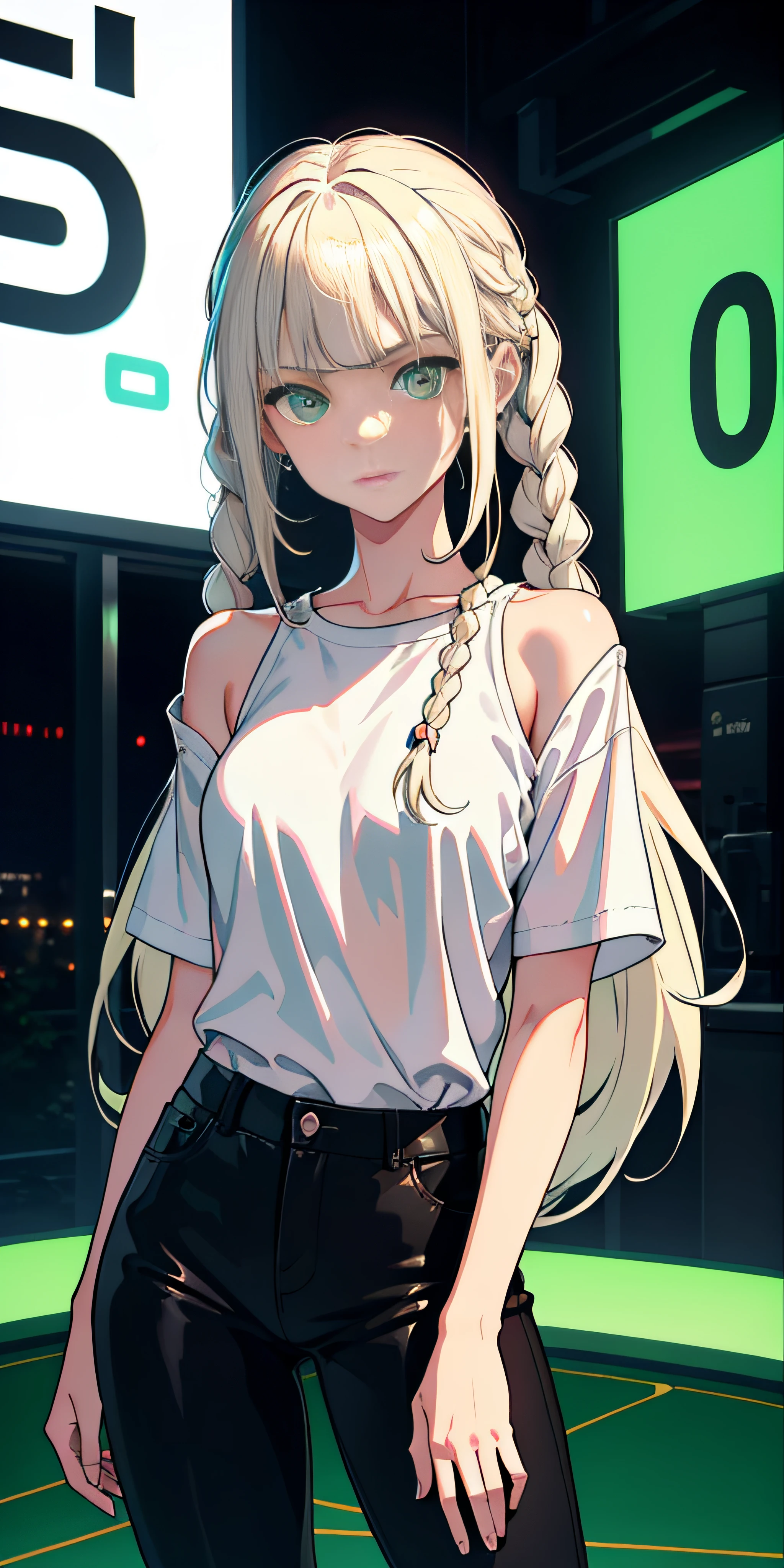 masterpiece, best quality, nsfw, 1girl, platinum blonde, long hair, green eyes, braids, night, neon, white t-shirt, black pants, poker face,
