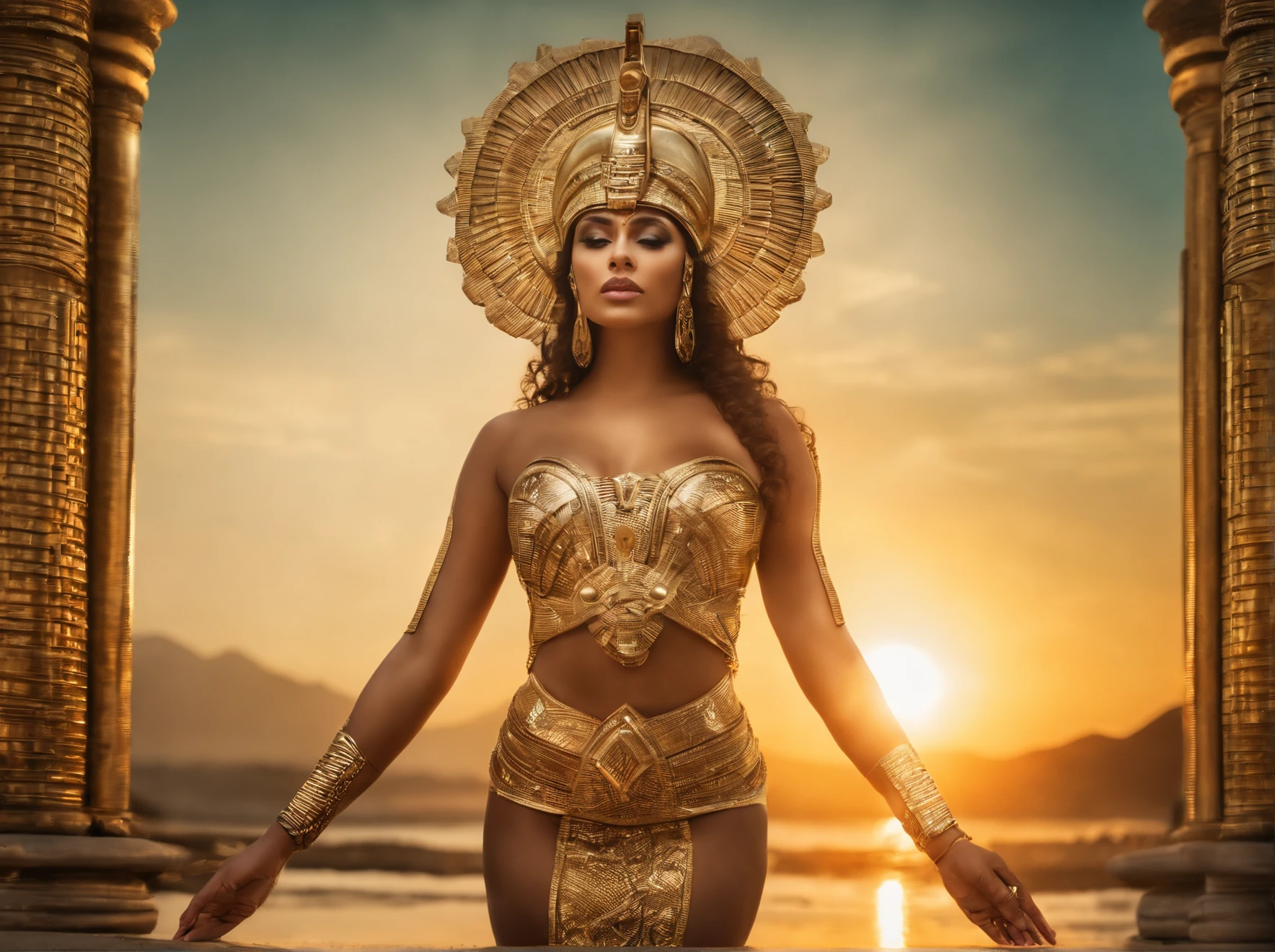 best quality, portrait of a beautiful, curvy woman, with green eyes in futuristic headdress inspired by an ancient egypt king and Cleopatra, tutankhamun, snake, gold, silver, stones, scarab beetle, transparent limestone, microchips, Integrated Circuit, cabels, electric glow, retro futurism, sunset with a warm red sun, beach, palmtrees, mecha-girl, human machine integration, long sexy skirt in gold what will show her legs