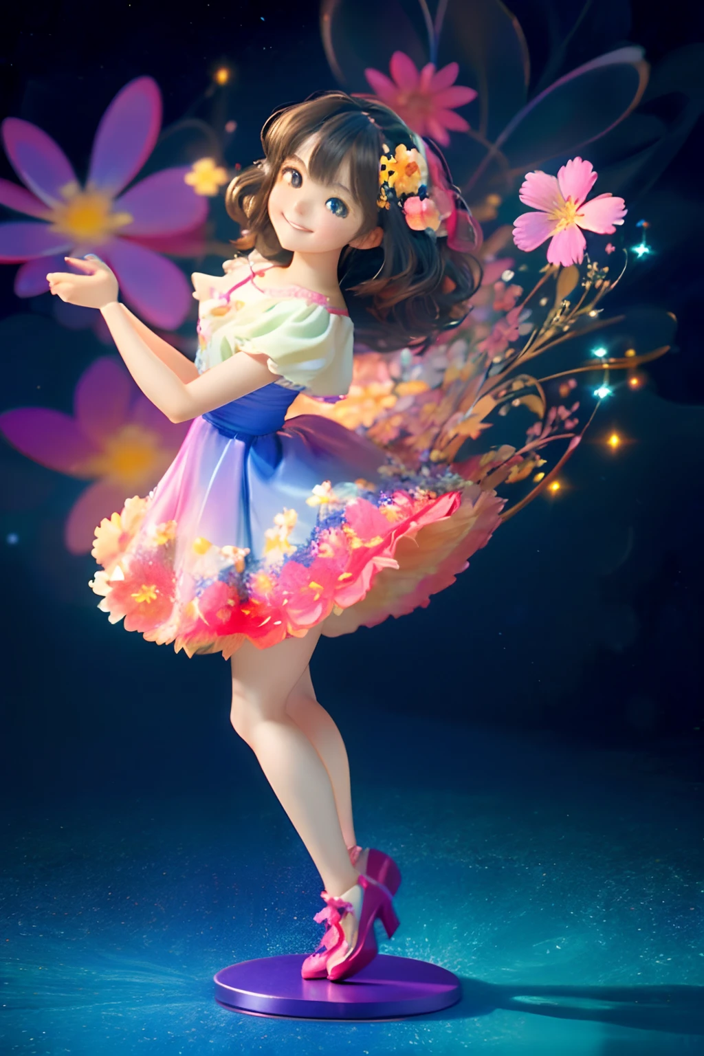 Extremely detailed,(Fractal Art:1.1),(Colorful:1.1)(Flowers:1.3)、 (Dynamic Pose), (Abstract background:1.3)、(Many colors:1.4)、Place one small doll on a circular stand、kawaii pose、A smile、A dark-haired、Chibi Doll、Stars in the eyes(kirakira)、Singing with microphone in hand、Eye Up、Laugh、Cute red shoes、Ultra Detail, radiant light、bio luminescent、Stronger bokeh effect、Taken from the side