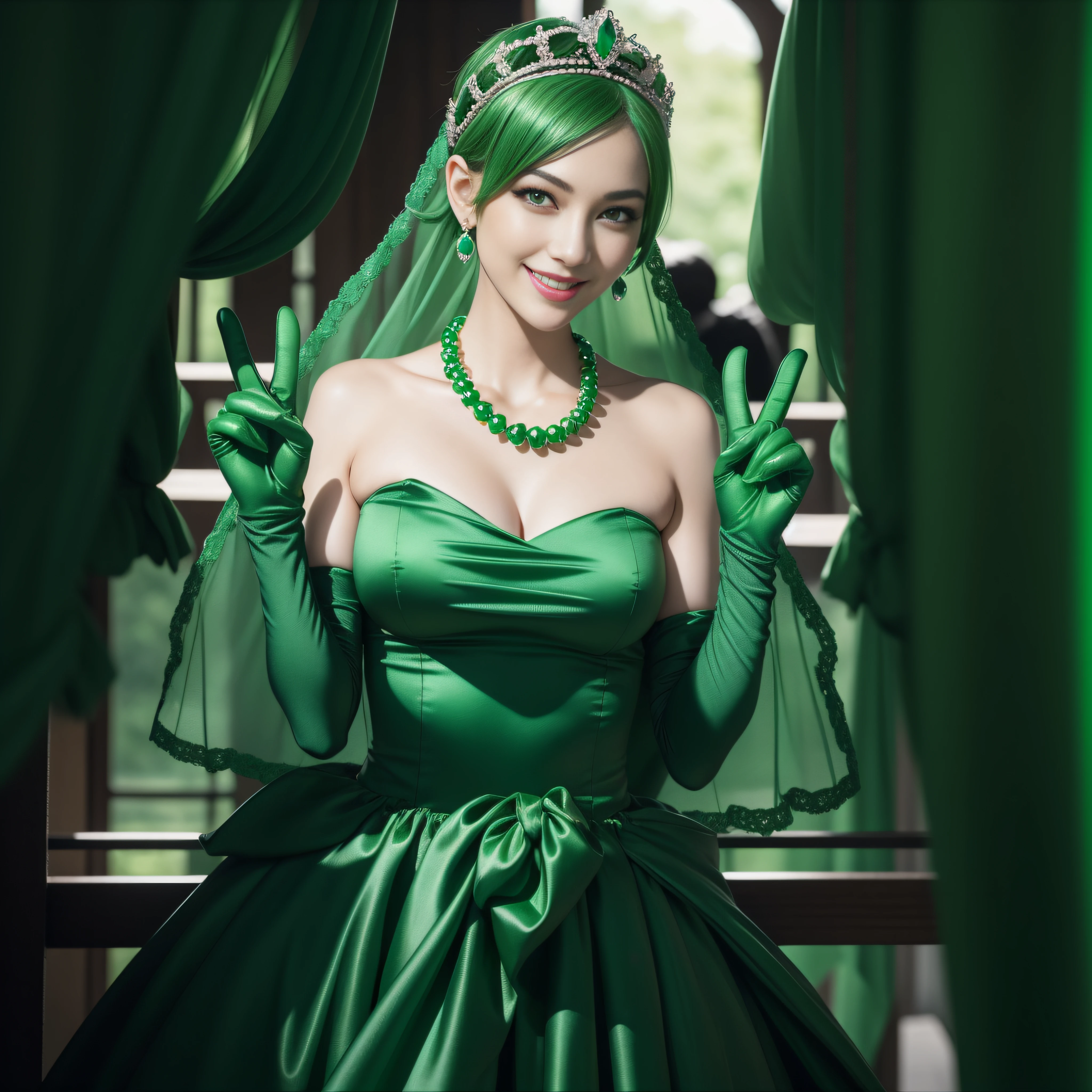 emerald tiara, Green Pearl Necklace, Boyish very short green hair, lipsticks, Japan woman smiling, very short short hair, big breasts beautiful, Green eyes, Long green gloves made of satin material, Green eyes,v sign, Emerald Earrings