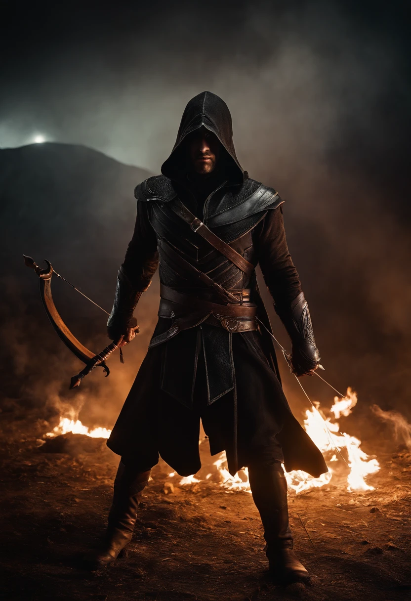 Envision a malevolent character in stark contrast to the ethos of Assassin's Creed. Picture this antagonist with piercing, glowing eyes that radiate an otherworldly malevolence. Dive into micro-details, highlighting sinister facial features and a malevolent grin that adds an eerie aura.

Imagine the character holding an archery bow, emphasizing the duality of skill and darkness. Capture the bow with meticulous detail, from the wickedly designed arrows to the malevolent energy emanating from the weapon.

Set the scene at night, shrouded in an eerie mood. Integrate a background of black smoke and fire, creating a chaotic yet captivating atmosphere. Illuminate the character with a subtle, unnatural light that enhances the ominous glow of their eyes.

Consider the play of shadows, using the night setting to accentuate the villain's menacing silhouette. Infuse the composition with an air of mystique, portraying the antagonist as a formidable force embodying the opposite of the noble Assassin's Creed character.

This detailed prompt aims to inspire a micro-detailed and visually striking depiction of an evil character with glowing eyes, wielding an archery bow, set against a backdrop of black smoke and fire in a night shot, creating a chilling and ominous atmosphere.