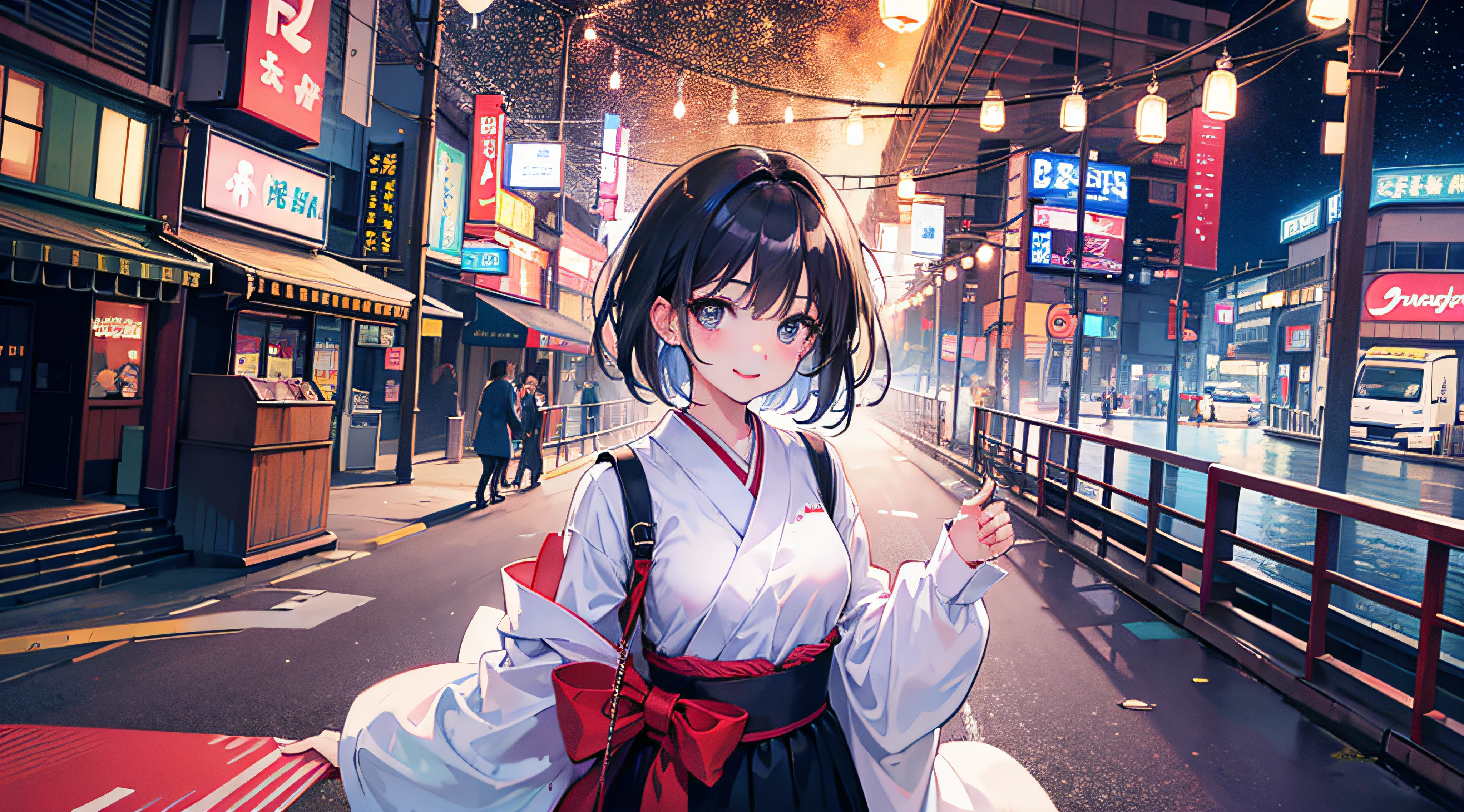 (Realistic painting style:1.0), Masterpiece, Best quality, absurderes, comic strip, illustration,
1 girl, medium hair, cute girl, young and cute girl, japanese girl, {???????}, 
a girl standing on a bridge with lights in the background, with short hair, in tokyo, in tokyo at night, in carnival, carnival, (smile:1.0)