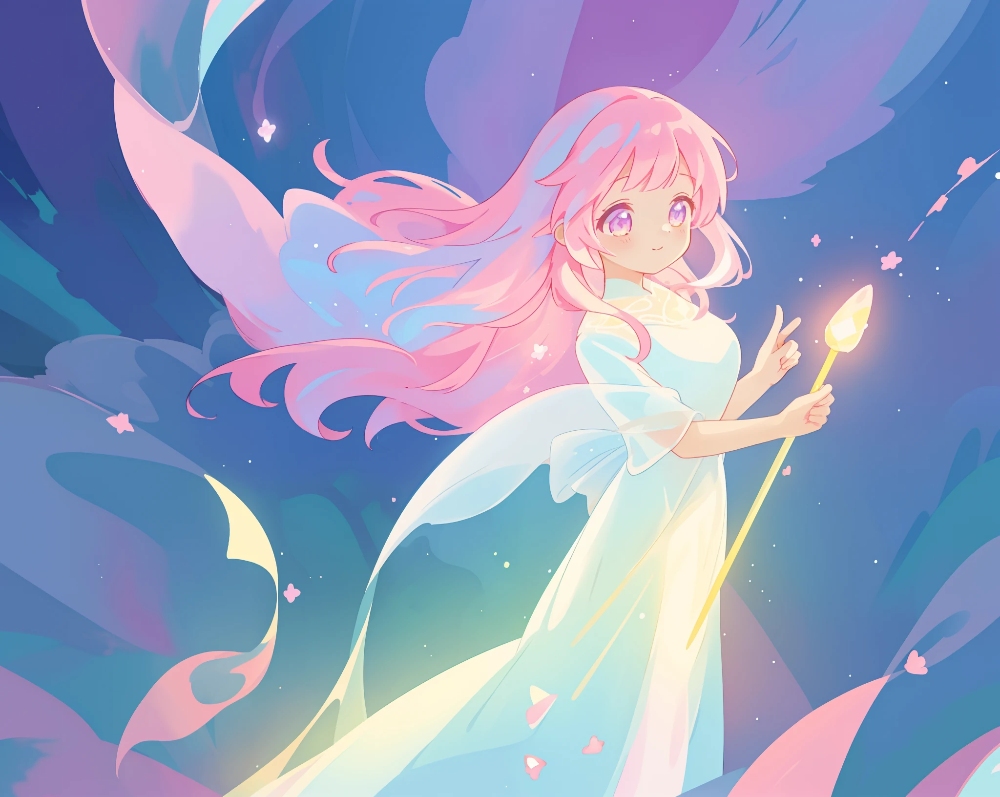 beautiful girl in glowing white dress, ((flowing white ballgown)), vibrant pastel colors, (colorful), magical lights, long flowing colorful pink hair, ((glowing aura around her)), flowing glowing hair, fantasia landscape background, whimsical, magical, fantasy, beautiful face, ((masterpiece, best quality)), intricate details, highly detailed, sharp focus, 8k resolution, sparkling detailed eyes, liquid watercolor
