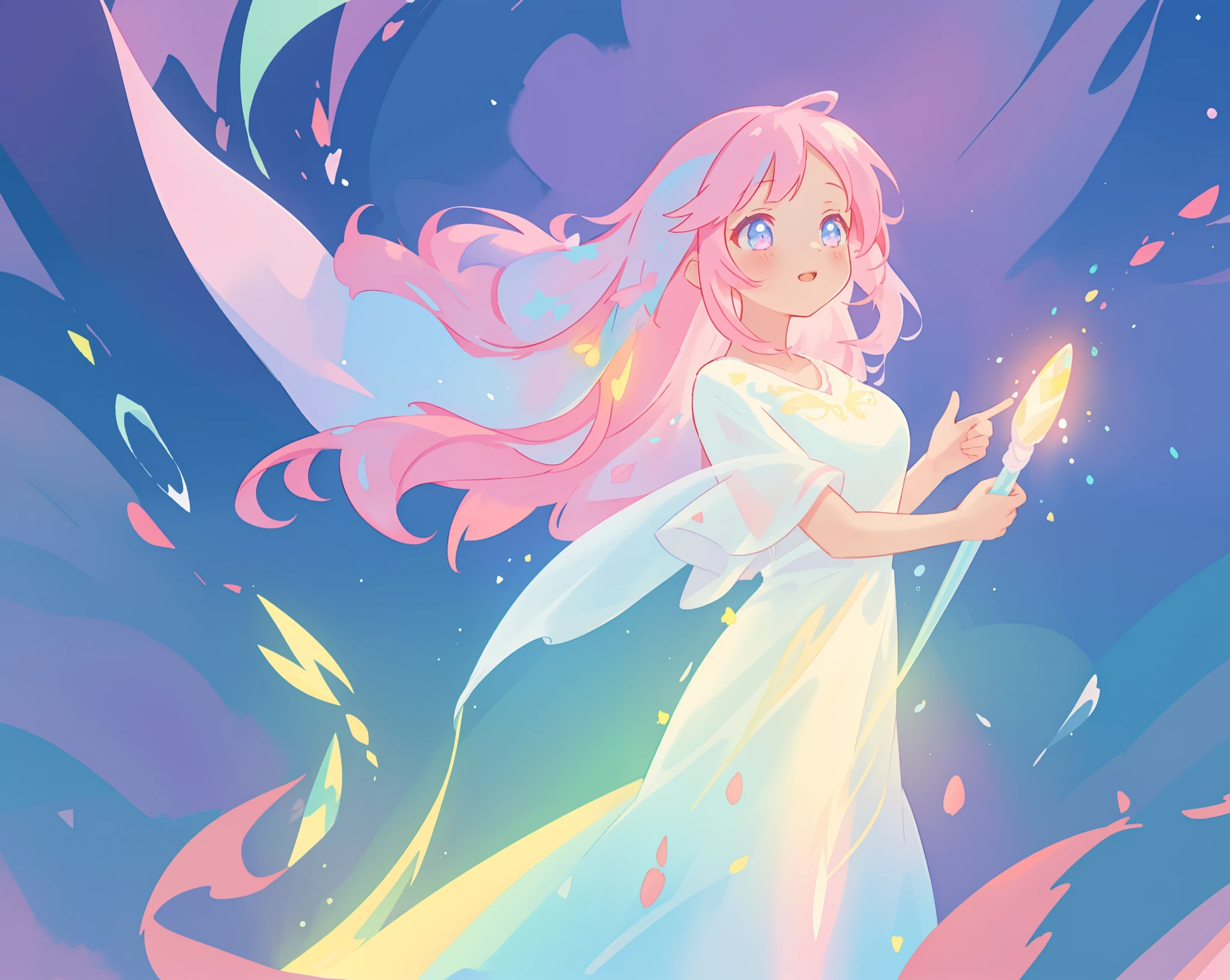 beautiful girl in glowing white dress, ((flowing white ballgown)), vibrant pastel colors, (colorful), magical lights, long flowing colorful pink hair, ((glowing aura around her)), flowing glowing hair, fantasia landscape background, whimsical, magical, fantasy, beautiful face, ((masterpiece, best quality)), intricate details, highly detailed, sharp focus, 8k resolution, sparkling detailed eyes, liquid watercolor
