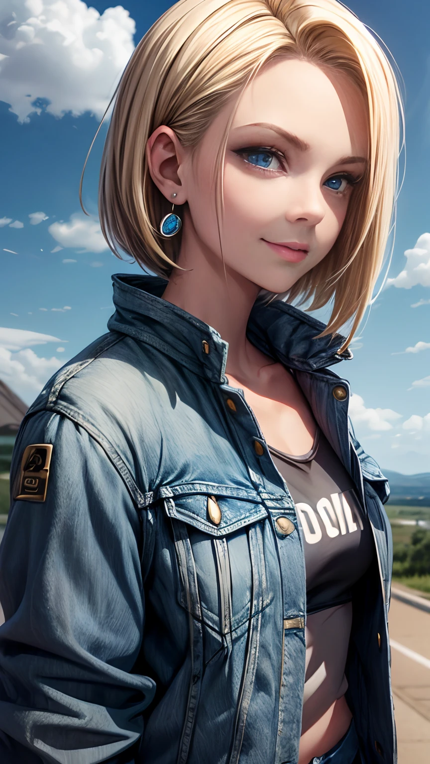 1girll, Solo, Android 18, Blonde hair, Blue eyes, Short hair, jewelry, Earrings, Smile, Jacket, Looks to the side, Denim, Denim jacket, Upper body, Lingerie, Closed mouth, Cloud, sky, day, looks away, Blue sky, 鎖骨,