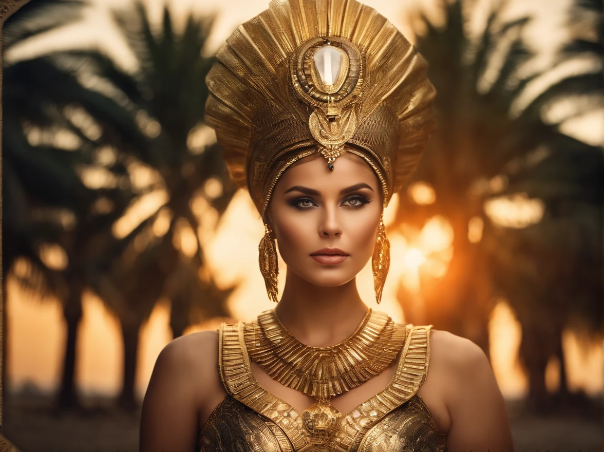 best quality, Perfect eyes, 1,5 light face, portrait of a beautiful, curvy woman, with green eyes in futuristic headdress inspired by an ancient egypt king and Cleopatra, tutankhamun, snake, gold, silver, stones, scarab beetle, transparent limestone, microchips, Integrated Circuit, cabels, electric glow, retro futurism, sunset with a warm red sun, beach, palmtrees, mecha-girl, human machine integration, long sexy skirt in gold what will show her legs
