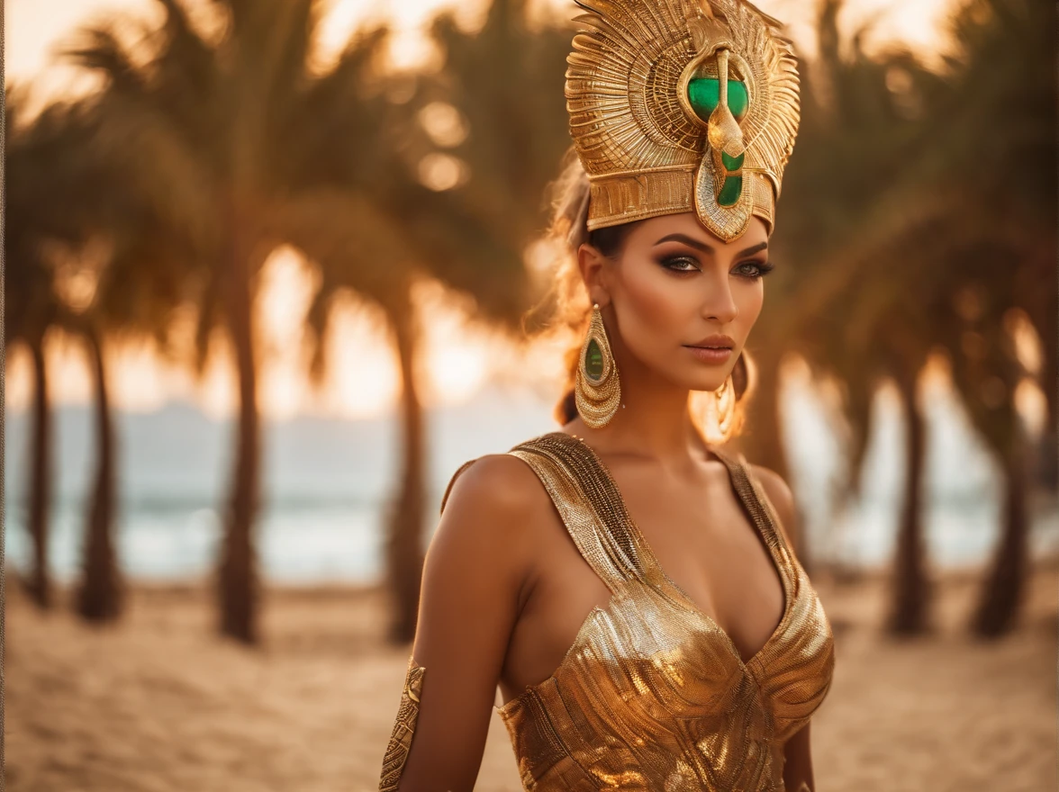 best quality, Perfect eyes, 1,5 light face, portrait of a beautiful, curvy woman, with green eyes in futuristic headdress inspired by an ancient egypt king and Cleopatra, tutankhamun, snake, gold, silver, stones, scarab beetle, transparent limestone, microchips, Integrated Circuit, cabels, electric glow, retro futurism, sunset with a warm red sun, beach, palmtrees, mecha-girl, human machine integration, long sexy skirt in gold what will show her legs