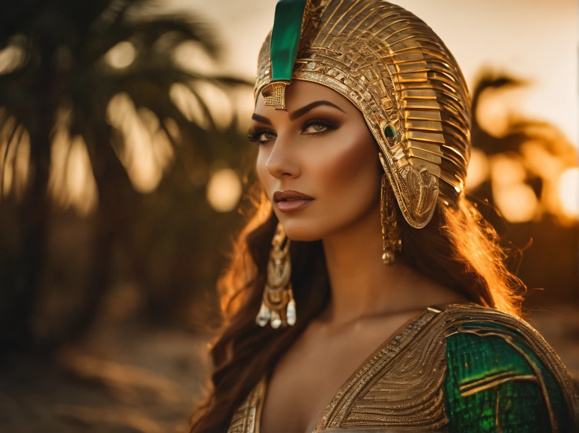 best quality, Perfect eyes, 1,5 light face, portrait of a beautiful, curvy woman, with green eyes in futuristic headdress inspired by an ancient egypt king and Cleopatra, tutankhamun, snake, gold, silver, stones, scarab beetle, transparent limestone, microchips, Integrated Circuit, cabels, electric glow, retro futurism, sunset with a warm red sun, beach, palmtrees, mecha-girl, human machine integration, long sexy skirt in gold what will show her legs