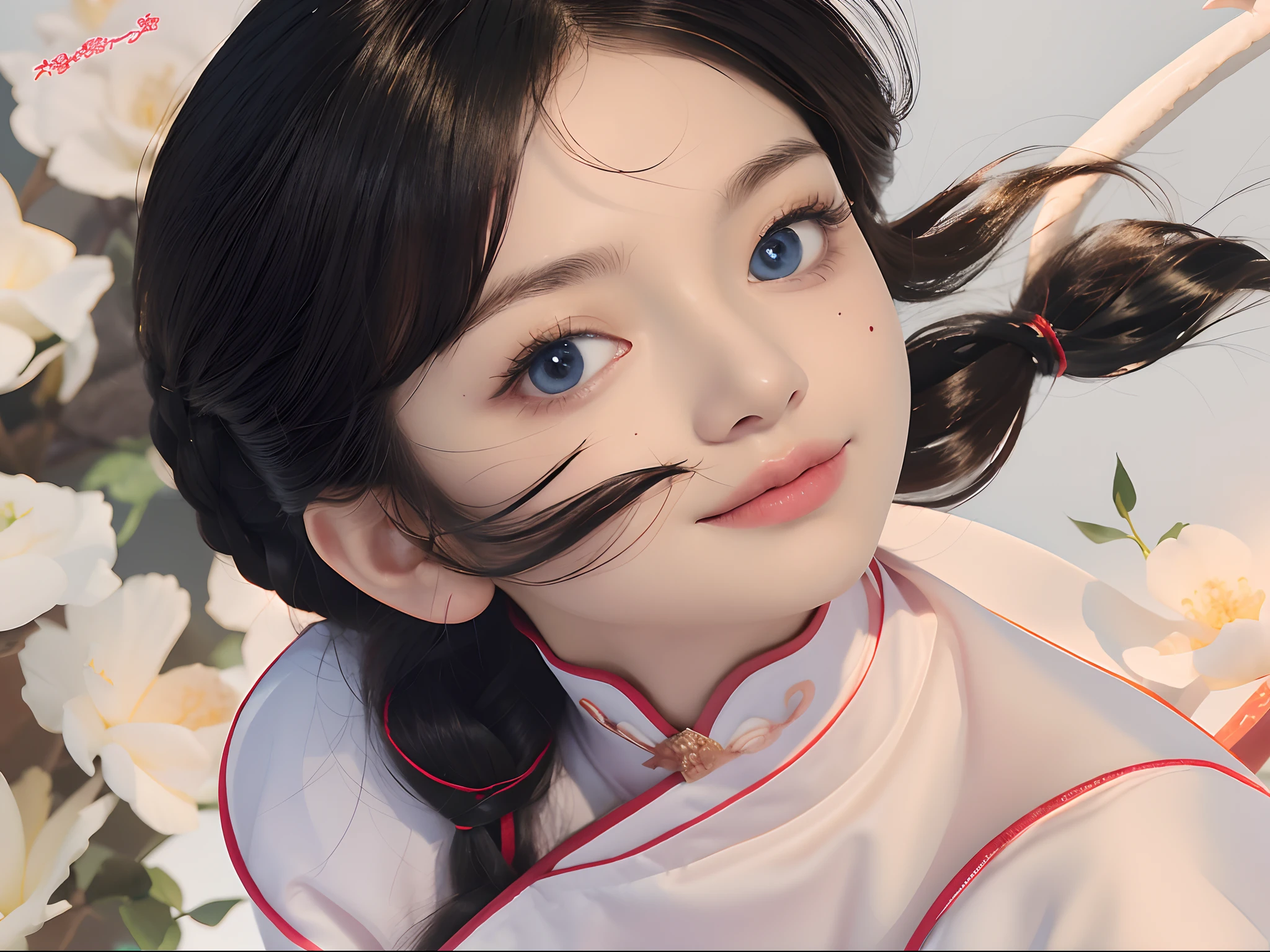 (Ultra Realistic), (Illustration), (Increased Resolution), (8K), (Extremely Detailed), (Best Illustration), (Beautiful and Detailed Eyes), (Best Quality), (Ultra Detailed), (Masterpiece ), ( wallpaper), (detailed face), solo, 1 girl, ((about 18 years old)), looking at top, side view face, fine details, detailed face, ((pretty big blue eyes)), kind eyes, in the light, pure face, smiling slightly, long black braided hair, straight voluminous straight hair, light rose Chinese female robe, 46 points oblique bangs