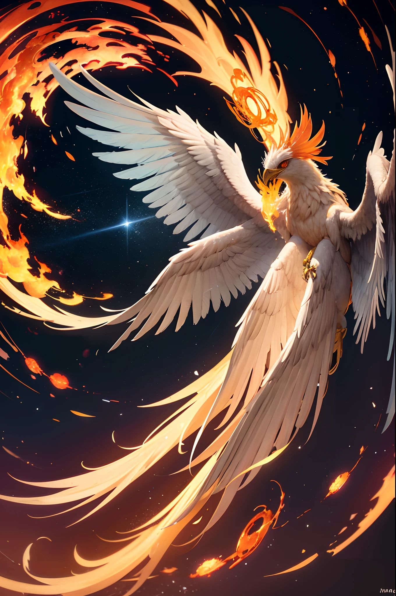 8k, Ultra Resolucion, (((foto realista))), fenix, fenix bird, big bird, fuego en todo el lugar, luz calida, luz solar, luz volumetrica, En el oscuro firmamento, un resplandor ardiente ilumina la noche. Entre las sombras danzan llamas danzantes, Spirals of fire that bring a celestial spectacle to life. At the epicenter of this fiery whirlwind, A majestic phoenix rises from the ashes of its own destruction. Sus plumas, envueltas en el fulgor del fuego eterno, resplandecen como brasas incandescentes. Each wing displays the power of renewal, mientras el plumaje se transforma en un manto de llamas doradas que danzan al ritmo de su renacimiento. The sky is tinged with warm tones, reflecting the regenerative power that emanates from this mythological creature. The flames that consumed the phoenix dance around it, pero no como destructores, but as accomplices in his resurrection. Cada chispa es un testimonio de su renacer, and the ashes that float in the air tell the story of his transformation. In this apotheosis, The Phoenix stands as a symbol of hope, A reminder that even in the most intense flames, Renewal and resilience can emerge with a divine radiance.