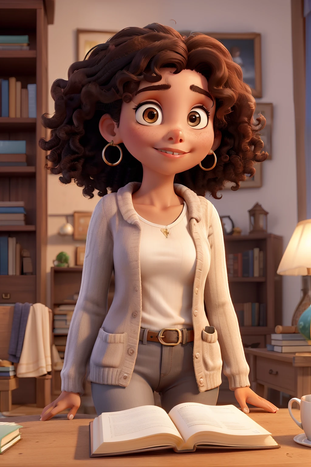 Obra-prima, de melhor qualidade, A young woman with shoulder-length dark curly hair, olhos castanhos, pele clara. Em seu quarto lendo um livro. Her clothes are a cardigan