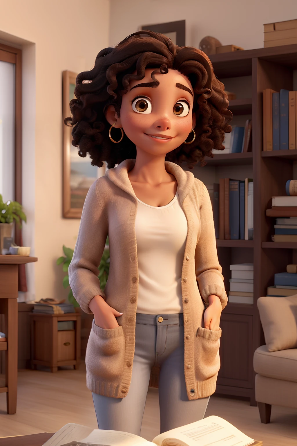 Obra-prima, de melhor qualidade, A young woman with shoulder-length dark curly hair, olhos castanhos, pele clara. Em seu quarto lendo um livro. Her clothes are a cardigan