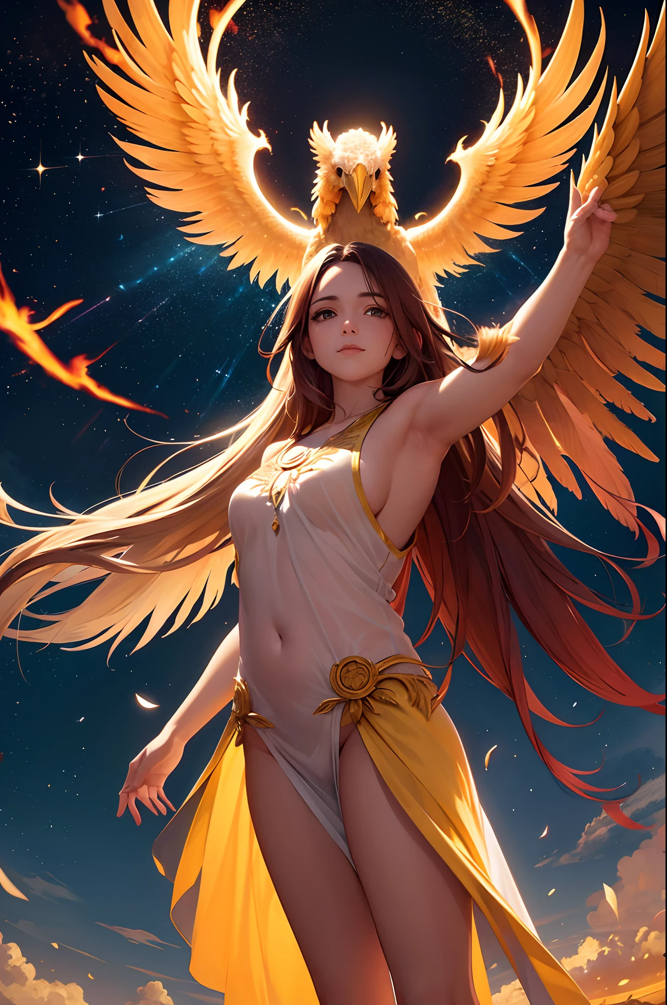 8k, Ultra Resolucion, (((foto realista))), fenix, fenix bird, big bird, fuego en todo el lugar, luz calida, luz solar, luz volumetrica, En el oscuro firmamento, un resplandor ardiente ilumina la noche. Entre las sombras danzan llamas danzantes, Spirals of fire that bring a celestial spectacle to life. At the epicenter of this fiery whirlwind, A majestic phoenix rises from the ashes of its own destruction. Sus plumas, envueltas en el fulgor del fuego eterno, resplandecen como brasas incandescentes. Each wing displays the power of renewal, mientras el plumaje se transforma en un manto de llamas doradas que danzan al ritmo de su renacimiento. The sky is tinged with warm tones, reflecting the regenerative power that emanates from this mythological creature. The flames that consumed the phoenix dance around it, pero no como destructores, but as accomplices in his resurrection. Cada chispa es un testimonio de su renacer, and the ashes that float in the air tell the story of his transformation. In this apotheosis, The Phoenix stands as a symbol of hope, A reminder that even in the most intense flames, Renewal and resilience can emerge with a divine radiance.