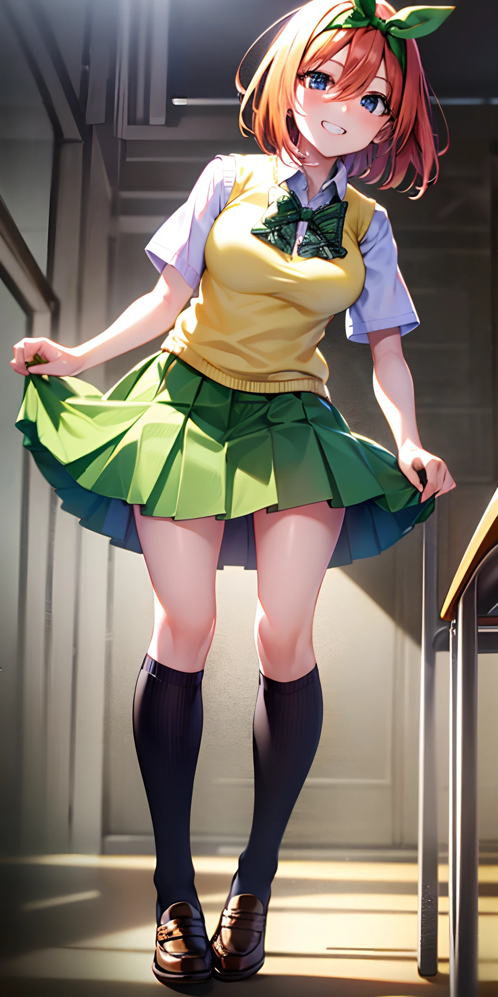 yotsubanakano, yotsuba nakano, bangs, short hair, blue eyes, hair between eyes, hair ribbon, hairband, orange hair, green ribbon,
BREAK skirt, shirt, bow, ribbon, school uniform, white shirt, short sleeves, pleated skirt, shoes, socks, collared shirt, miniskirt, bowtie, black footwear, kneehighs, green skirt, black socks, loafers, green bow, sweater vest, green ribbon, (yellow sweater vest:1.5),
BREAK looking at viewer,
BREAK indoors, classroom,
BREAK ultra-detailed, best quality, high resolution, unity 8k wallpaper, extremely detailed CG, (beautiful detailed eyes:1.6), extremely detailed face, perfect lighting, extremely detailed CG, (perfect hands, perfect anatomy),
happy smile, laugh, grin,white teeth, wide-eyed, pigeon toed, head tilt, from below, skirt lift by myself, showing panties,