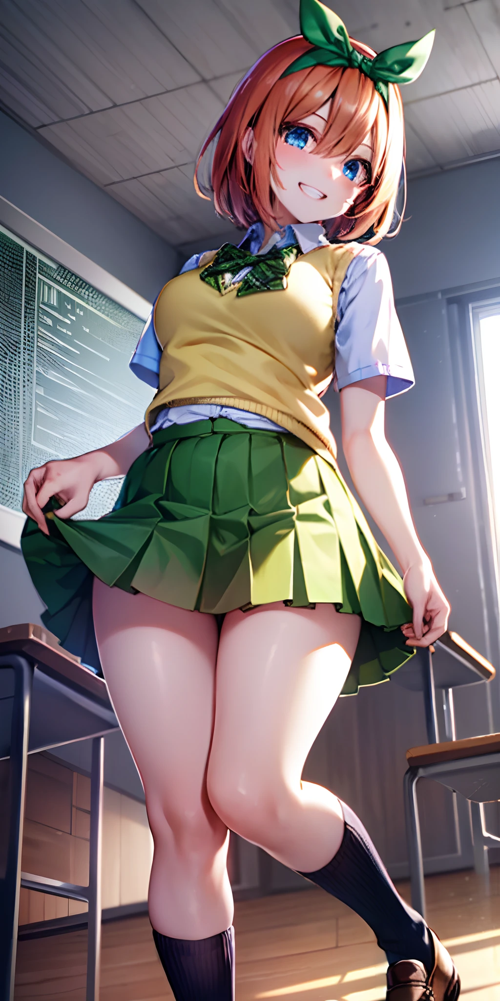 yotsubanakano, yotsuba nakano, bangs, short hair, blue eyes, hair between eyes, hair ribbon, hairband, orange hair, green ribbon,
BREAK skirt, shirt, bow, ribbon, school uniform, white shirt, short sleeves, pleated skirt, shoes, socks, collared shirt, miniskirt, bowtie, black footwear, kneehighs, green skirt, black socks, loafers, green bow, sweater vest, green ribbon, (yellow sweater vest:1.5),
BREAK looking at viewer,
BREAK indoors, classroom,
BREAK ultra-detailed, best quality, high resolution, unity 8k wallpaper, extremely detailed CG, (beautiful detailed eyes:1.6), extremely detailed face, perfect lighting, extremely detailed CG, (perfect hands, perfect anatomy),
happy smile, laugh, grin,white teeth, wide-eyed, pigeon toed, head tilt, from below, skirt lift by myself, showing panties,