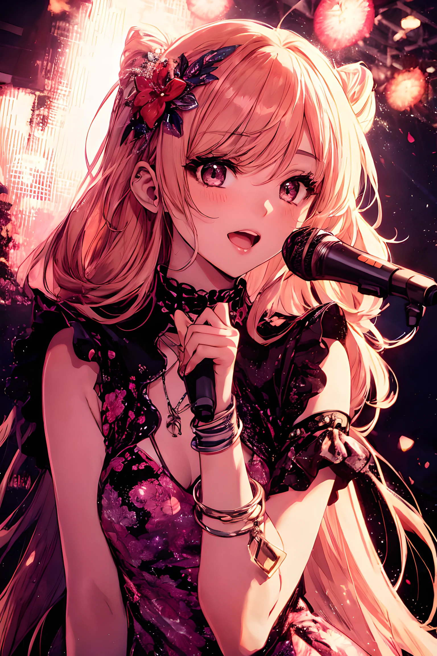 A extremely pretty and beautiful K-pop female singer, singing at live stage on gondola,
BREAK,
Close-up of face, singing scene, dress scene, looking the viewer,
BREAK,
Represent singer in bright colors, Represent singer dress in colorful colors, Represent singer's singing voice in warm colors