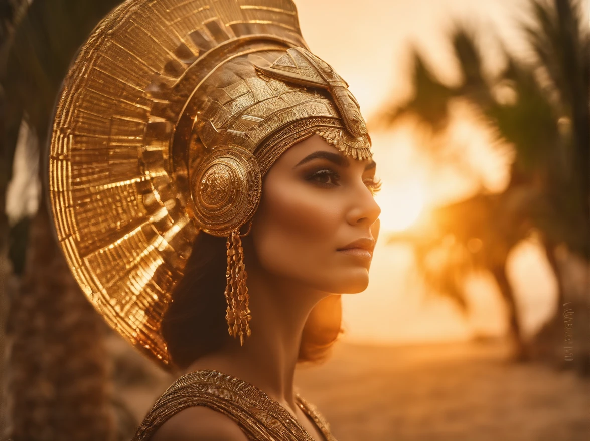 best quality,1,5 light face, portrait of a beautiful, curvy woman, with green eyes in futuristic headdress inspired by an ancient egypt queen, Cleopatra, tutankhamun, snake, gold, silver, stones, scarab beetle, transparent limestone, microchips, Integrated Circuit, cabels, electric glow, retro futurism, sunset with a warm red sun, beach, palmtrees, mecha-girl, human machine integration, long sexy skirt in gold what will show her legs